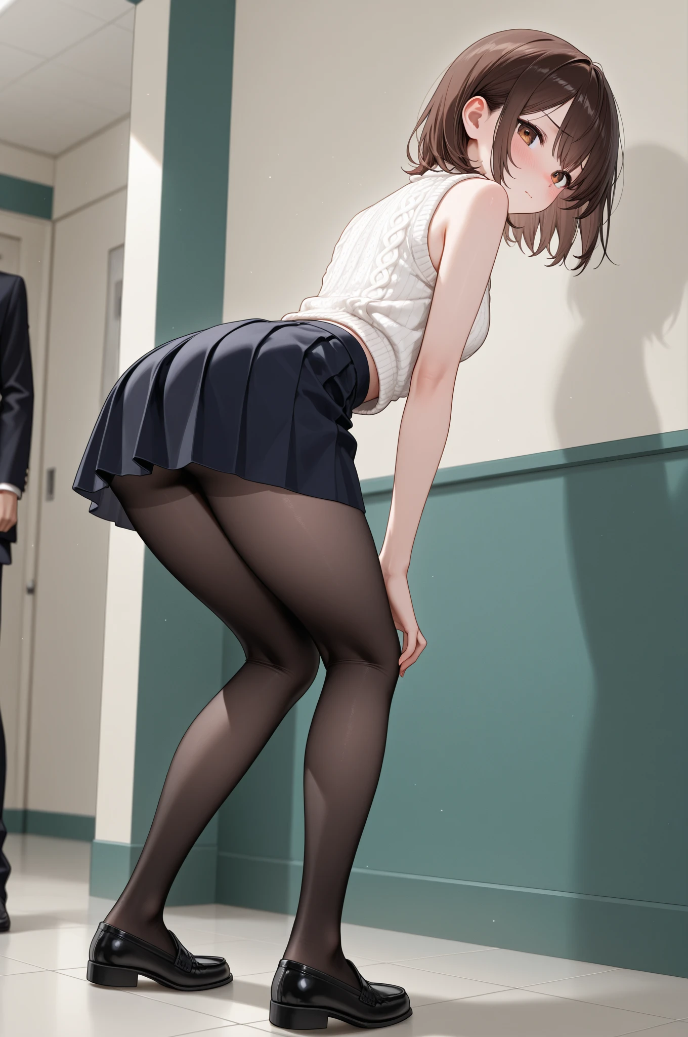 office lady, white shirt, lifting black skirt,  spreading legs show panties, purple panties, show smooth armpits, sweaty body, pony tail, brown hair, shy expression, light purple panties, detailed panties, infront of class, body covered in cum, wet body, face wet, covered in cream, purple underwear