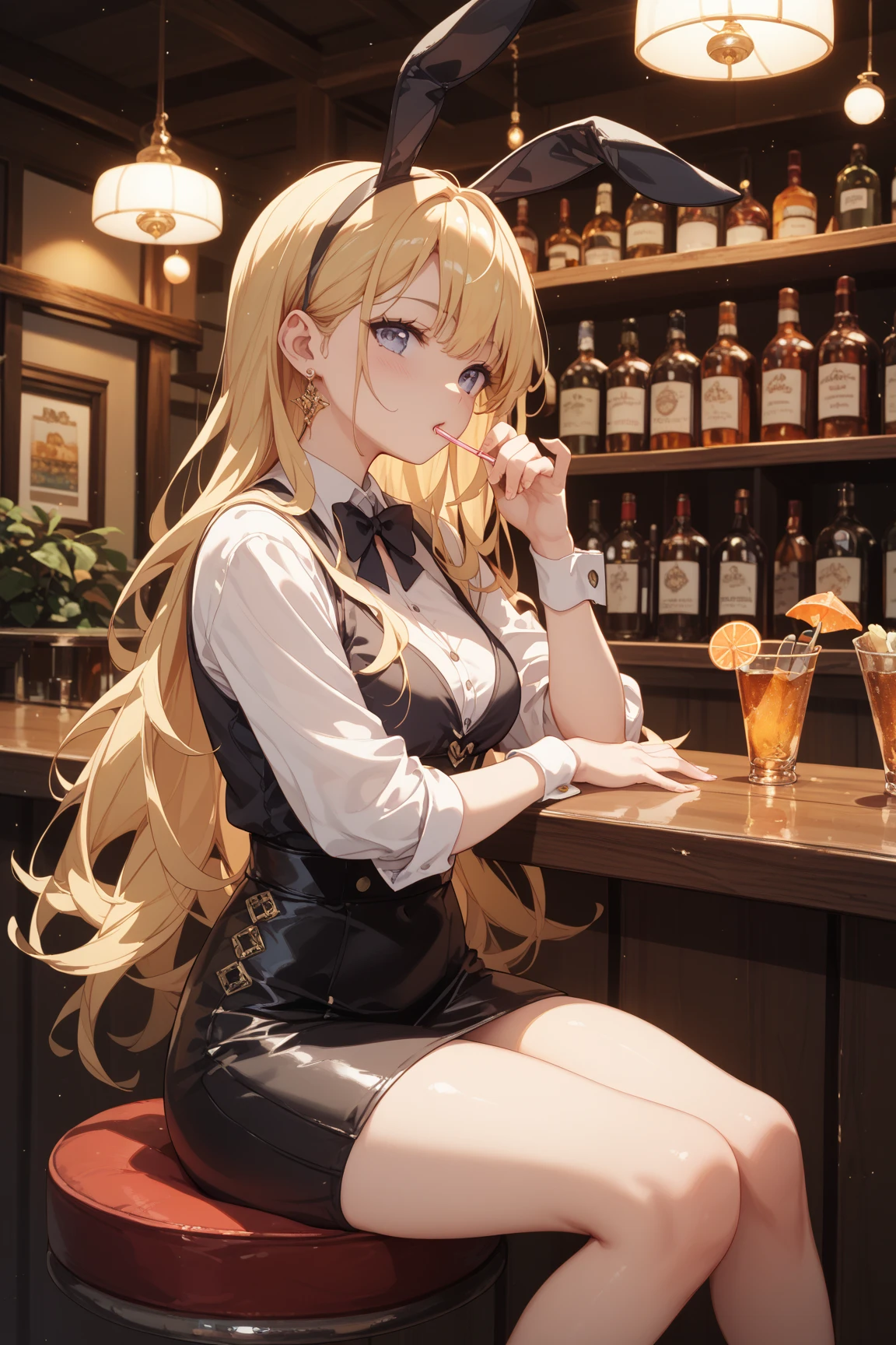 girl at a nightclub sitting at bar, eyeliner (masterpiece) (best quality) (detailed) (8k) (HDR) (wallpaper) (cinematic lighting) (sharp focus) (intricate) blonde hair, biting lip, medium hair, white and gold, sexy, blush, aroused, cleavage, shiny , wet skin, girl, dark makeup, action pose, jumping over bar, white shirt blazer and plaid skirt