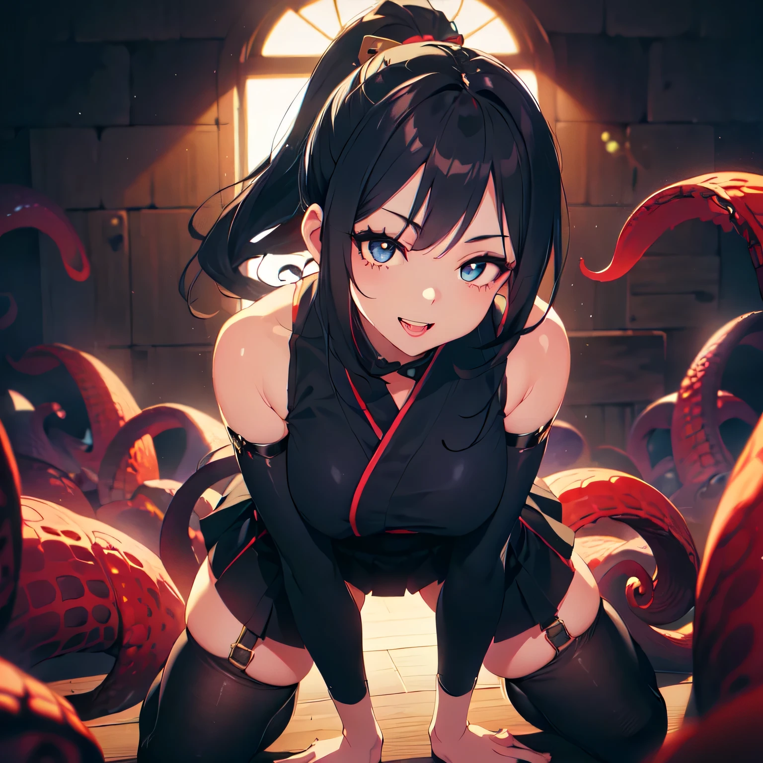 A snake girl with long hair and a long tail, She has a tail instead of legs