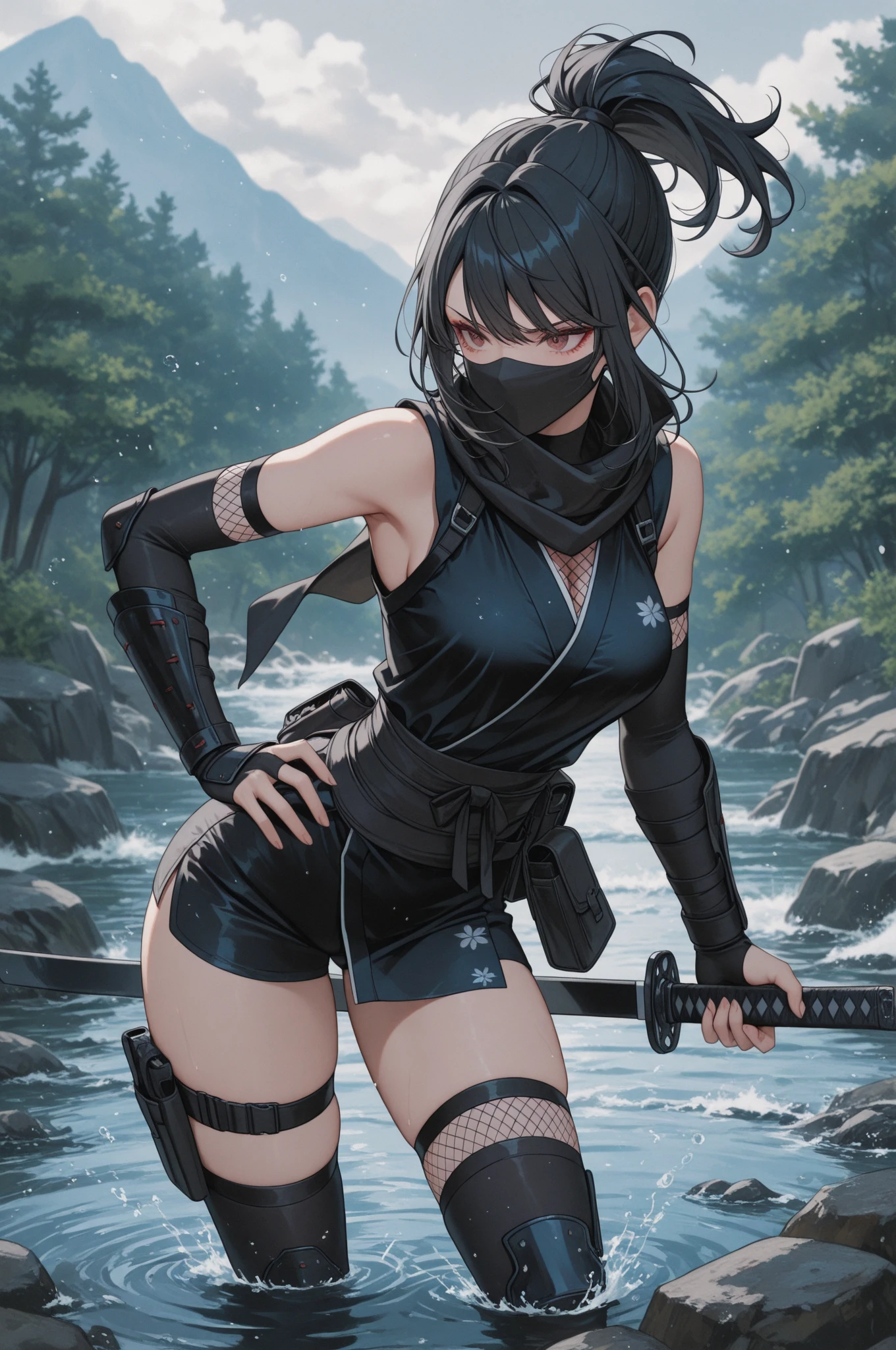 (Best quality, 8K, 32K, masutepiece, ygo:1.2), rival 2girls, from behind and be、hip focus、Game screen、beautiy Japanese woman, narrowwaist, Kunoichi, Heavily wet white clothes、Transparent nipple,Fight face to face, Open jacket, ninjas, random breast, Detailed face, Wet long ponytail,Have a ninja sword grip、intense action、River in the mountains、Heavy splashes