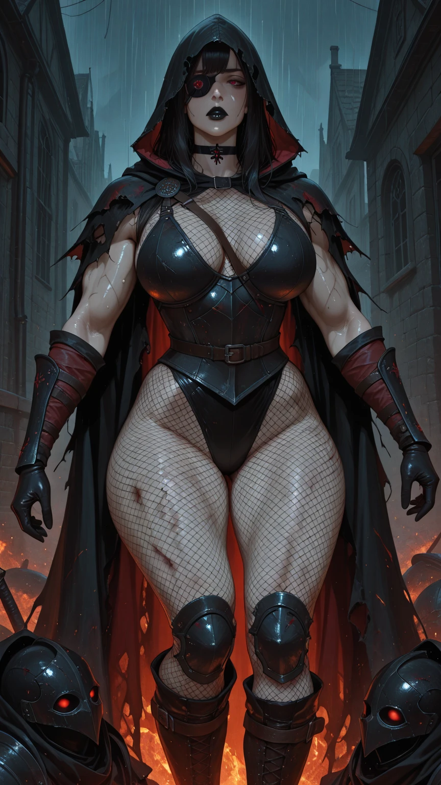 (masterpiece, Best Quality, absurd, 4k, Aesthetic, detailed, Intricate, perfect lighting) cinematic angle, 1solitaria, Sitting on the throne, elbow rest, castle interior, face mask, hood, layer, belt, armor, Cloak, red gloves gauntlets, corona