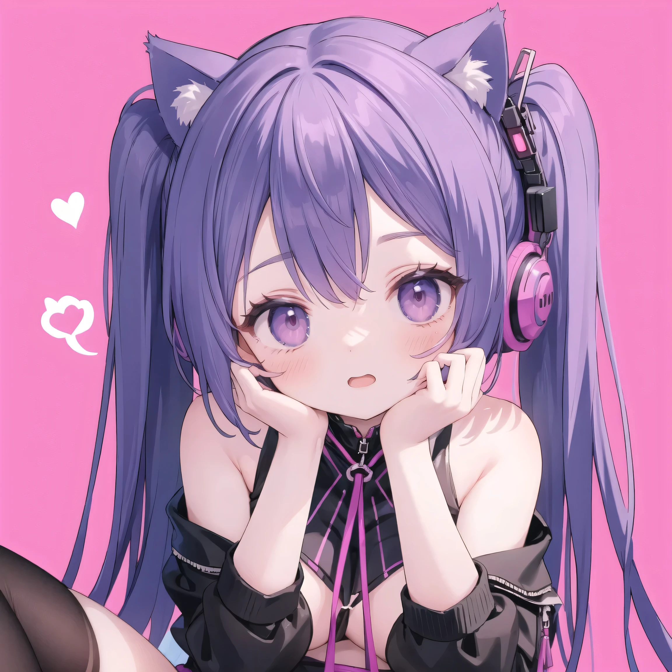 1 cat-eared girl，I'm wearing pink stockings，strokes my head, cyberpunk background