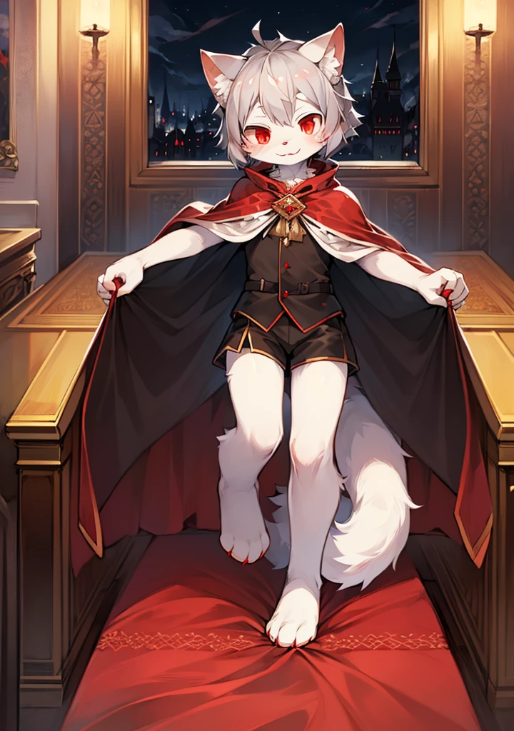 (dark environment:0.8),masterpiece, high quality, absurd res, digital painting \(artwork\), by dagasi, yupa,kiyosan,(anthro,fluffy fur,character focus:1.1),anthro male cat,short hair,portrait, bright eyes,panorama,character focus.(detailed background:0.7),solo,furry,furry male ,male focus,anthr,(Full body fur, fluffy tail, white fur,red eyes,gray hair:1.2),(long canines,vampire, cape:1.2),(interior,night, castle, coffin:1.1)
