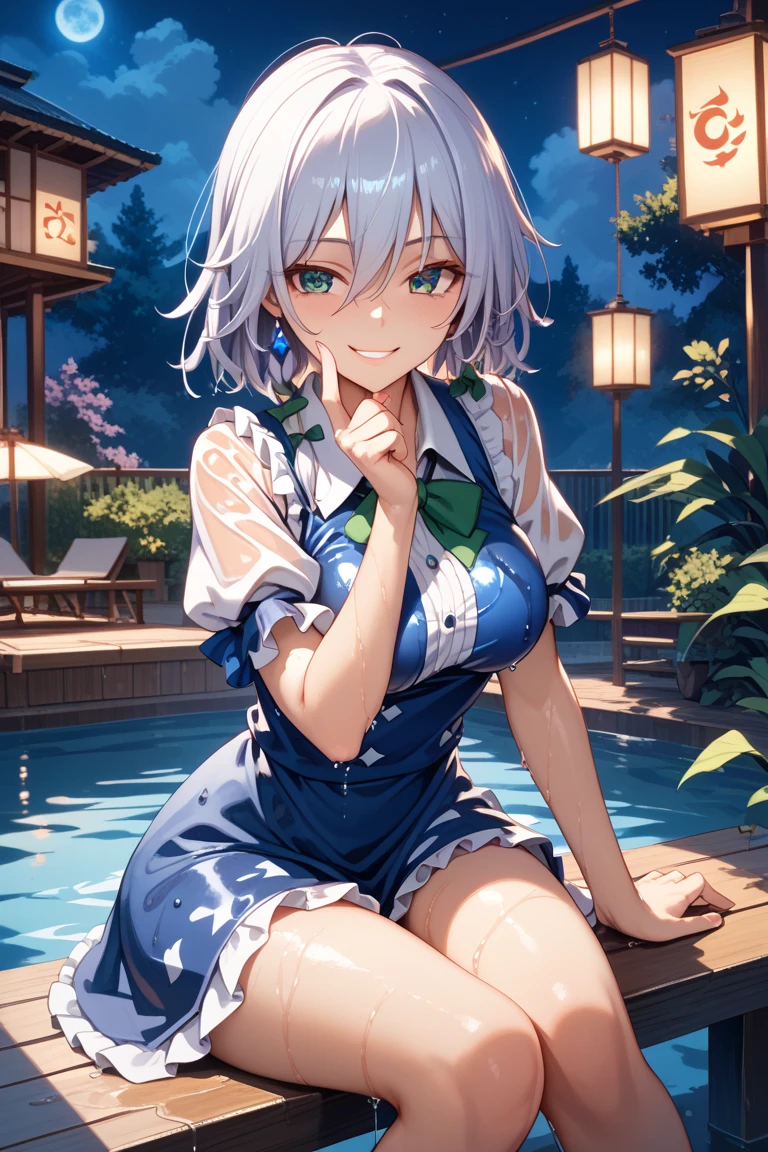 Masterpiece, Top Quality Anime Illustration, Super Detail, One Girl, Solo, Beautiful Girl with Silver Hair, Anime Loli, Cat Ear Loli, Light Blue See-Through Cheongsam Dress in Light Color, Short Cheongsam, Sleeveless, Smile, Bare Skin Lateral Breasts, Thigh Focus, Cleavage Enhancement, Hot Spring