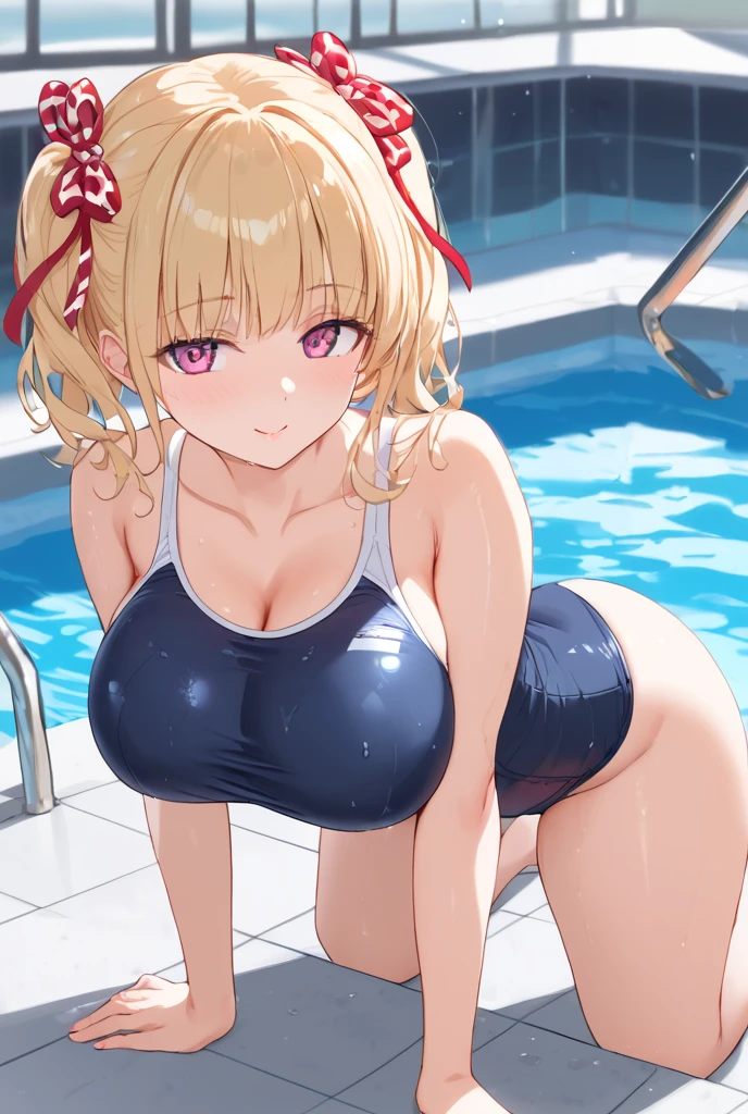 score_9,source_anime,1girl,solo,happy,upper body,standing,leaning forward,hand on hip,looking at viewer,large breasts,blonde hair,purple eyes,short twintails,side-tie bikini bottom,red hair ribbon,polka dot bikini,poolside,dark cloud,<lora:MusouzukiXL:0.8>,
