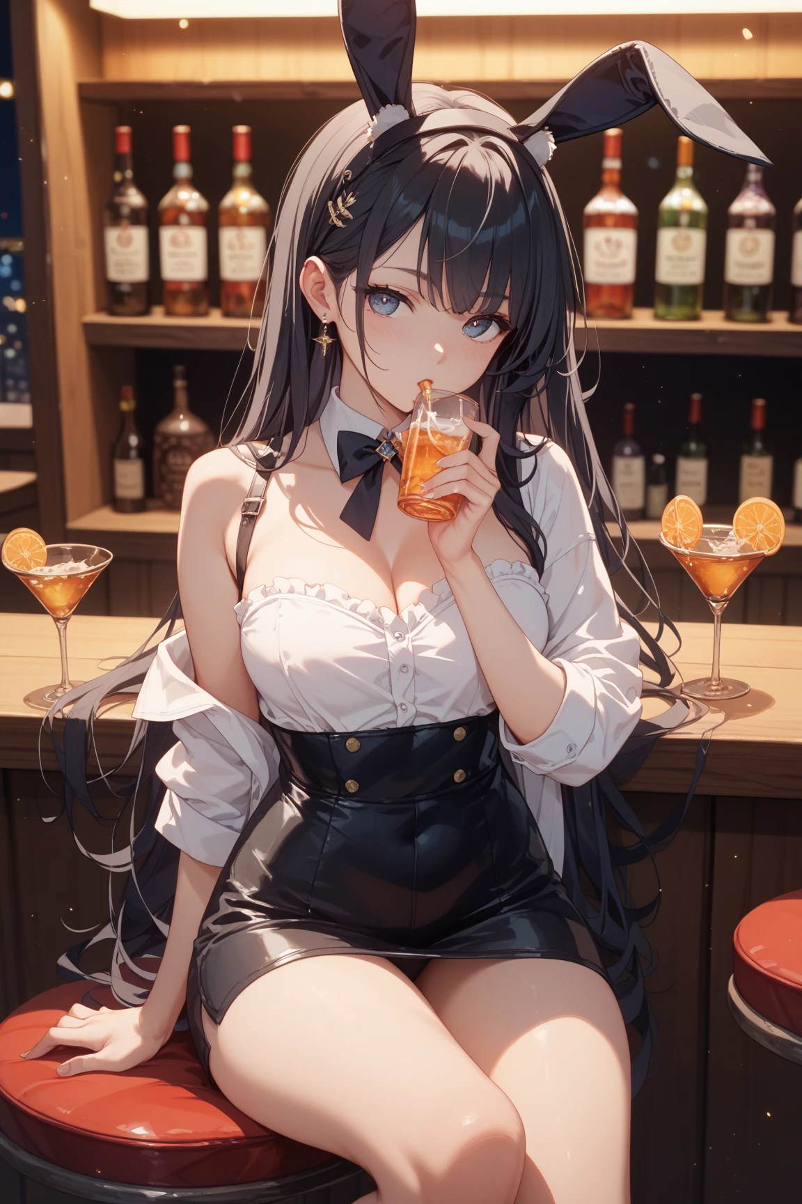 masterpiece, best quality, very aesthetic, absurdres, newest, 1girl, solo, long hair, breasts, looking at viewer, blush, crying, open mouth, brown hair, dress, holding, brown eyes, jewelry, sitting, sleeveless, indoors, necklace, bracelet, sparkle, alcohol, drinking glass