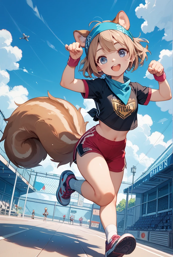 masterpiece, high quality, absurd res, digital painting \(artwork\), by dagasi, yupa,kiyosan,(fluffy fur:1.1),(bright:0.8),bright eyes,character focus,anthro, female, outside, solo, thick thighs, (muscular female),by BerseePon,wearing cloth,gym wear,running,