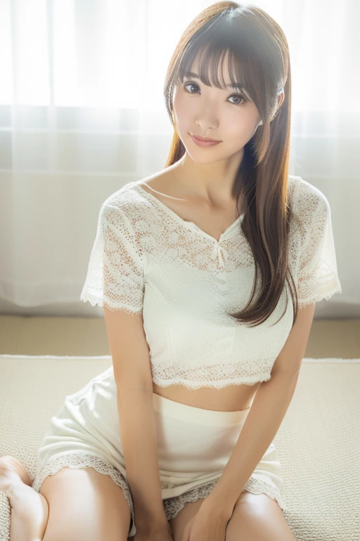 Photo Real、photoRealstic　straight haired、shorth hair、hime-cut、Himecut、Blunt bangs、side locks、Side lock to cover the cheeks、Inner winding side lock　drooing eyes、big eye、The contours of the face are round、Young Face、a baby face　30-years old、young body、skinny  body、Soft thighs、Infirmary Teacher　Rough dress、white dres、shortpants、耳Nipple Ring　Adult Pose、Classy poses、gently smiling、Laughing expression、Smiling　Background with、Infirmary、Large room