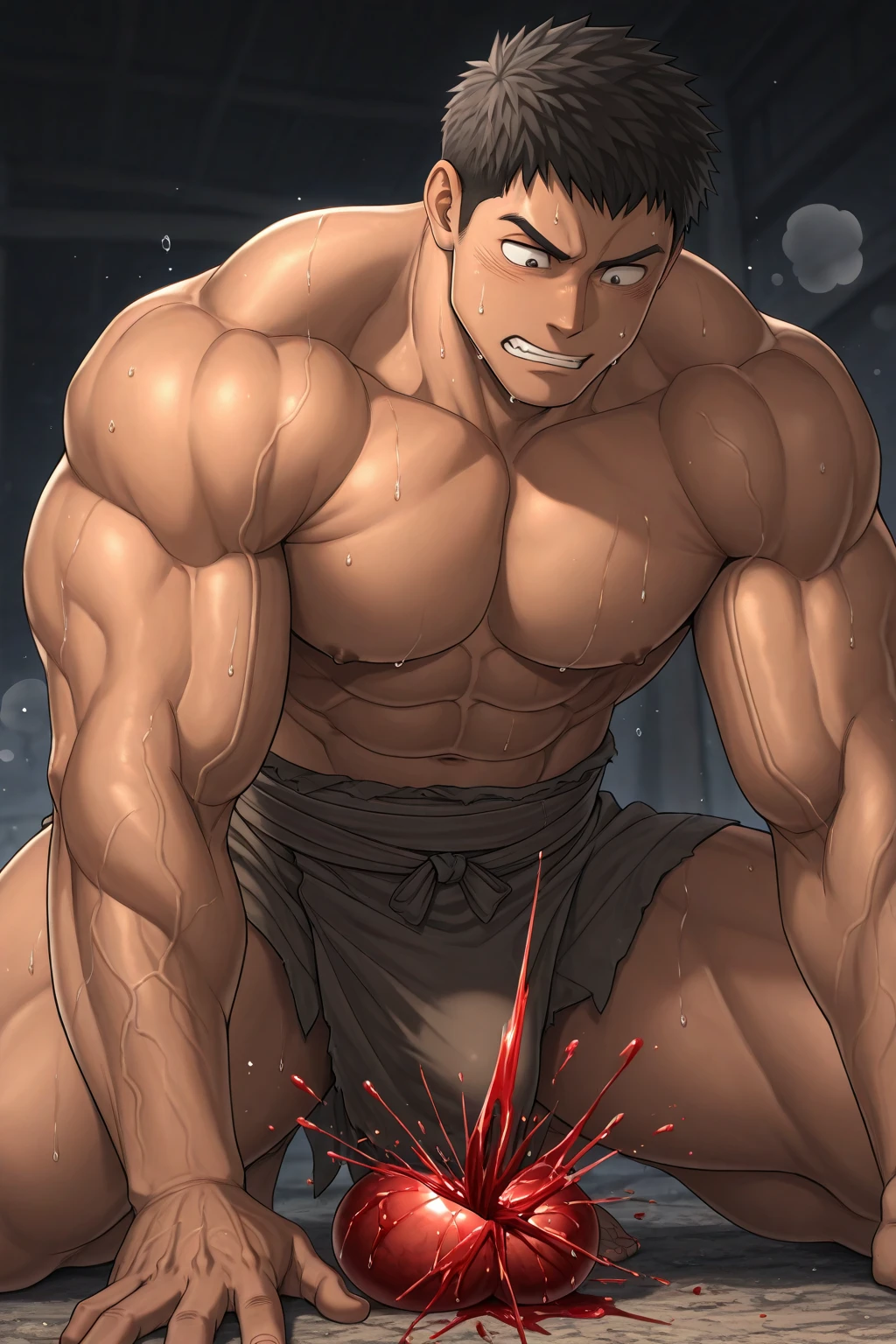 Highest quality、(muscular male:1.5)、(father:0.5)、guy、Black Hair、Brown skin、Embarrassed face、Completely naked、Perfect Erection、full body 、squatting、spread legs、arms behind head、nipple piercing、restrained、shackles、cum on chest、cum on body 、(sweat:1.3)、steam、Park at night、tattoo on chest、tattoo on leg、Open your mouth