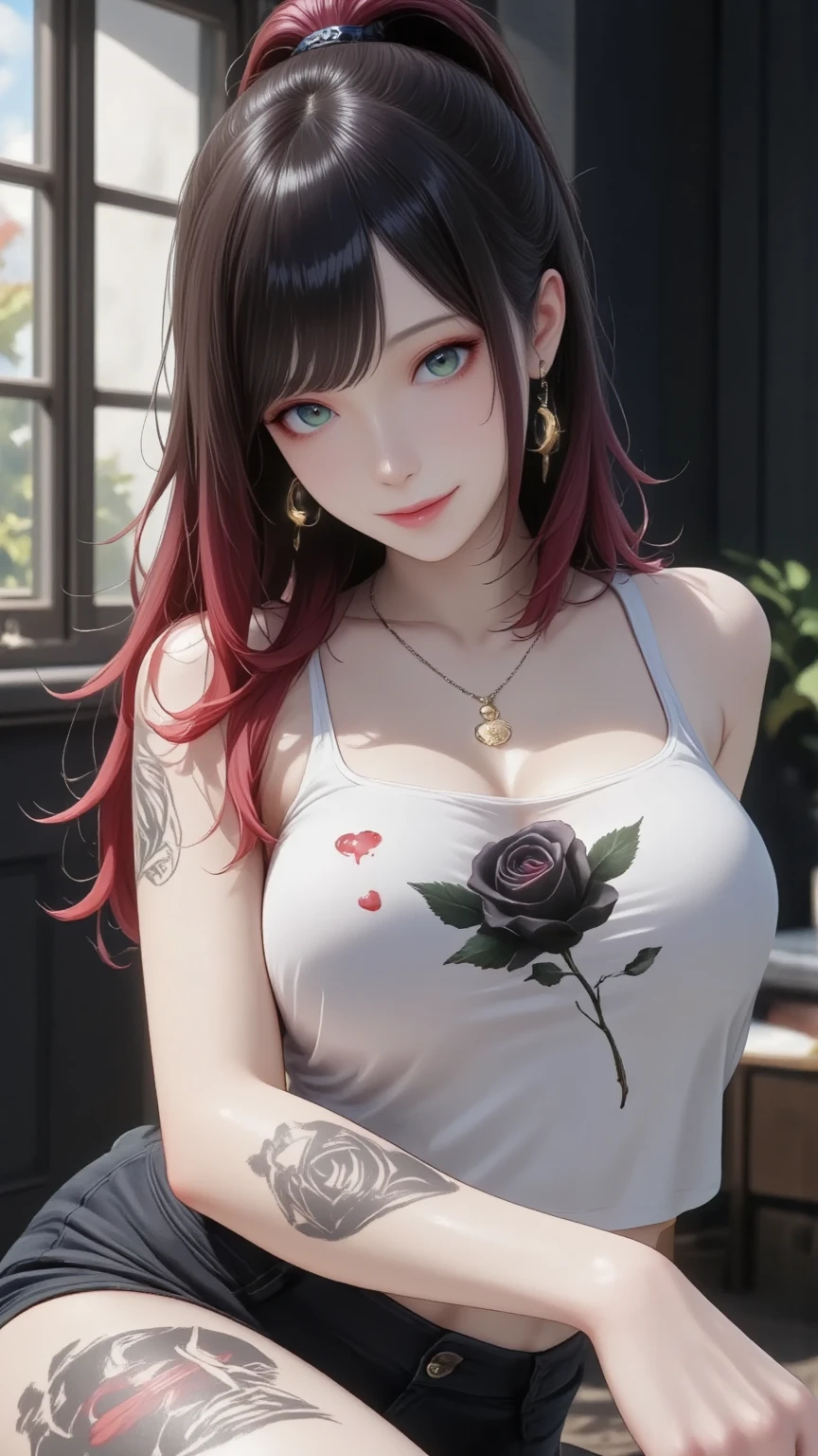 1girl, in a garden, white knit dress, appealing cleavage,( beautiful tattoo:1.2), overhead view, beautiful detailed eyes, beautiful detailed lips, extremely detailed eyes and face, long eyelashes, greenery around, blooming flowers, bright sunlight, shady trees, outdoor setting, feminine charm, detailed texture, snug fit, fashionable, soft fabric, radiant skin, (best quality,4k,8k,highres,masterpiece:1.2), ultra-detailed, (realistic,photorealistic,photo-realistic:1.37), elise,