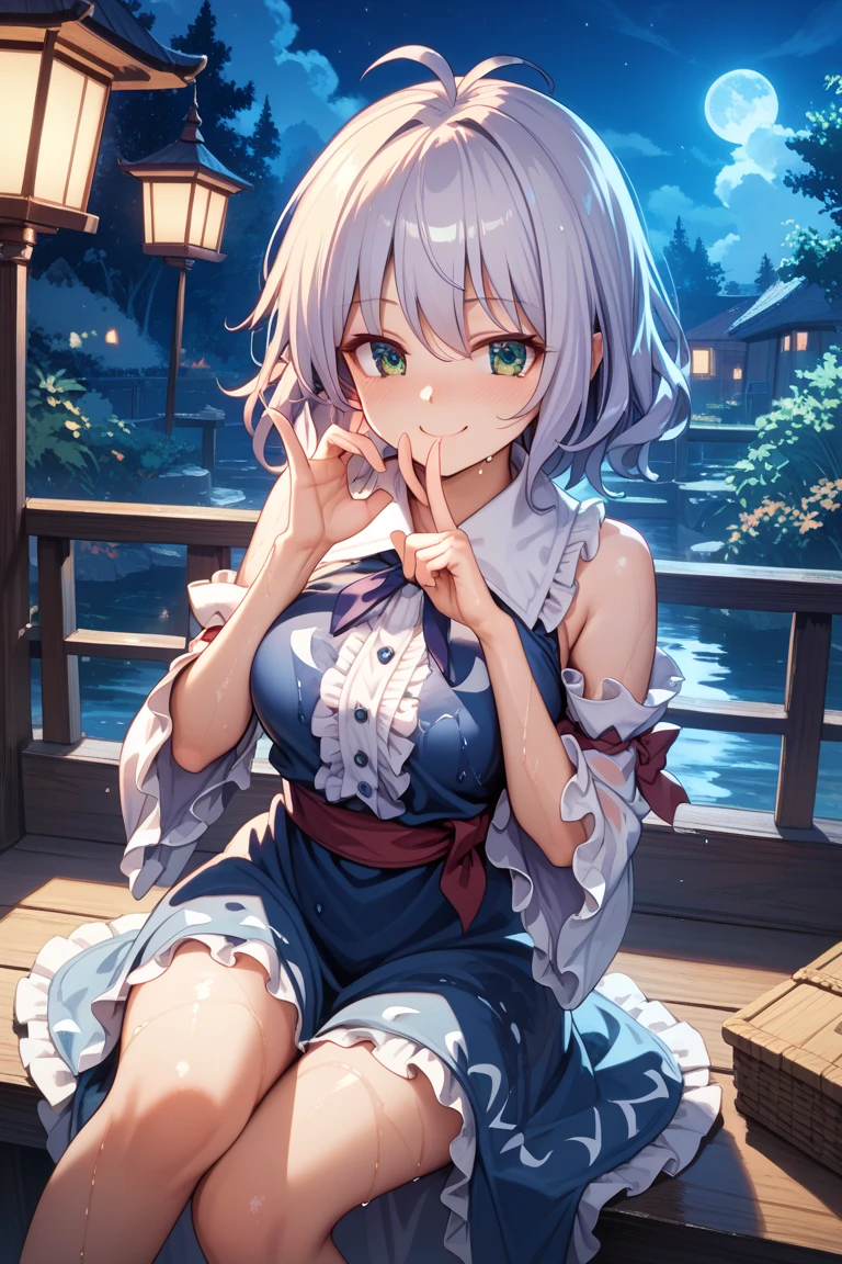 One girl、(((最high quality)), ((masterpiece)), (detailed), masterpiece, 最high quality, high quality, 超detailed, Perfect Face, ((One girl, blue eyes, Silver Bob Hair,))、Shiny Hair、Glowing Skin、yukata、Sandals、Small Breast Summer、port、stall、firework