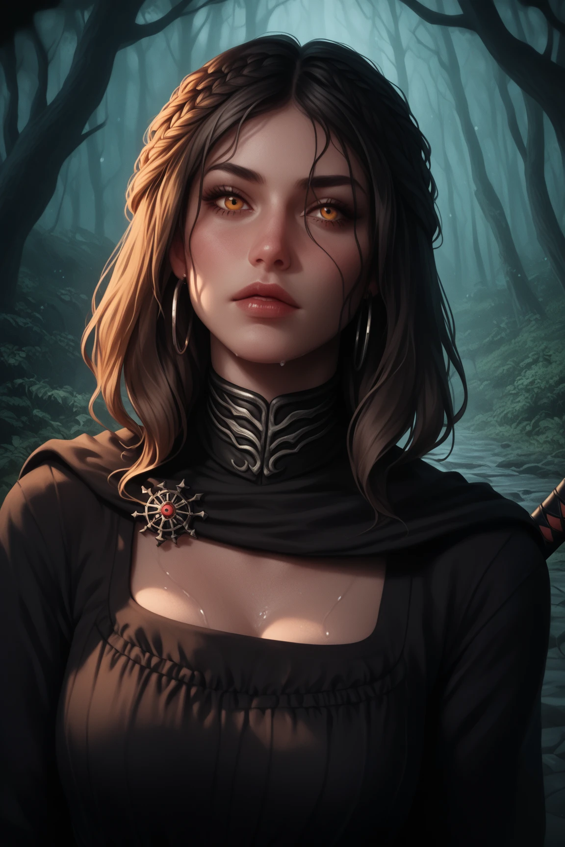 portrait of blackdame, very black skin, from side,  pronounced feminine features, orange eyes, orange hair, busty, large breasts, elbow gloves, necklace, hood, cloak, (glare:1.1), detailed background, dark forest, night, moon light, volumetric lighting,
centered, realistic, best quality, masterpiece,
<lora:BlackDame-10:1>