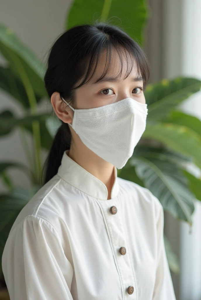 ((Best Quality, 8K, Masterpiece: 1.3)),  hyperrealistic, ultra-detailed, perfect , Facing the front, super Detailed skin, perfect figure, (Show the armpits, open the inseam quite wide, Sexy Standing Pose, Perfect dynamic composition). Very detailed CG 8k wallpaper, in her 20s, very Slim body, narrow waist, very small head, very small face, delicate  features,  Delicate Eyes, Double Eyelids, tearful mole, mole on chest, earring, thin legs, (very huge round breasts, Big Breasts: 1.2)), midriff, (full body shot), 1girl in, black hair, messy hair, long hair floating in wind,(ulzzang-6500:1.2), wearing clothes, ((grey Scoop Neck Ribbed Top, sleeveless, short length, slim fit, grey racing shorts)), ((wearing mouth mask, grey mask, mouth mask fit his face)),