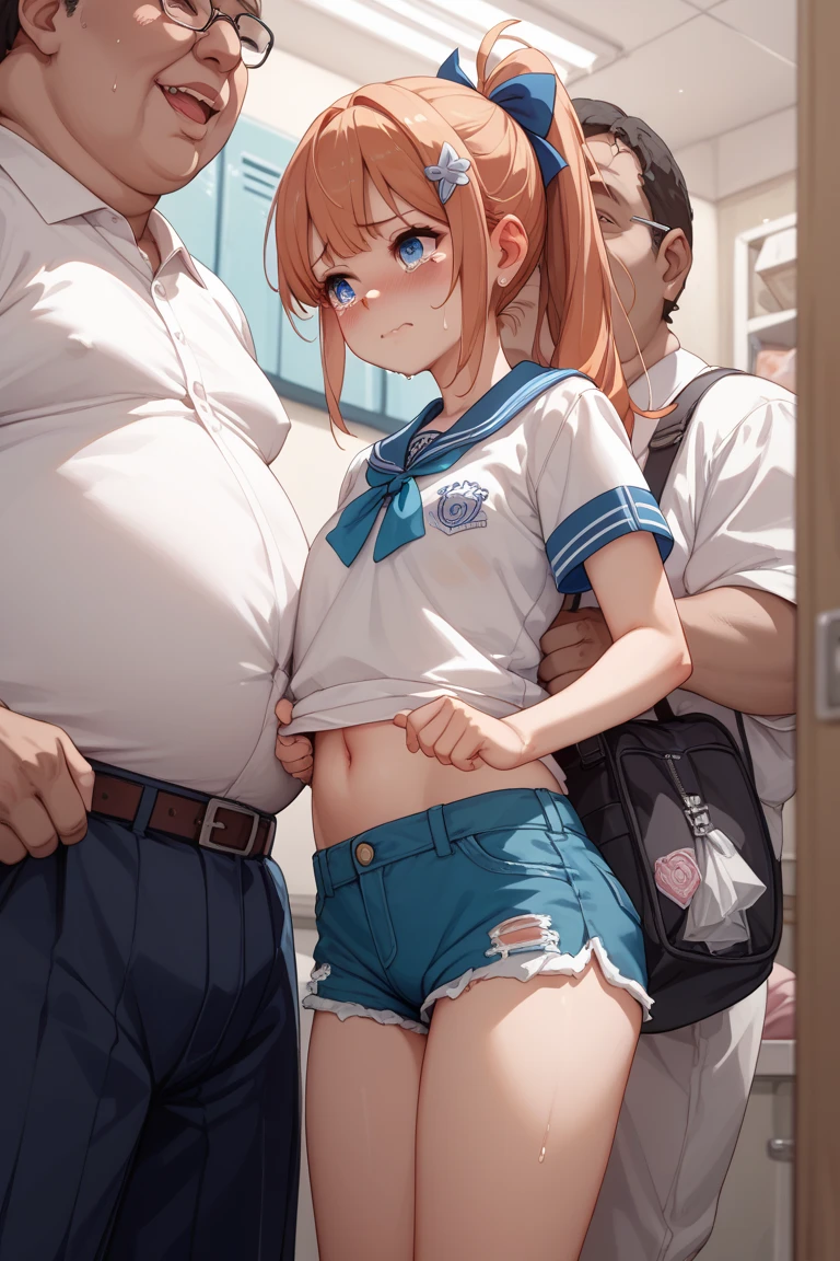 nsfw,(((masterpiece))), (((best quality))),((masterpiece:1.5)), (best high quality), (ultra high res), (ultra highly detailed), (8k:1.3),anime colored,perfect hands, perfect fingers, perfect legs,(cowboy shot,from front),(forehead:1.2),1woman,solo,idolmaster, (haru yuuki) ,(14years old, beautiful girl), (beautiful eyes),(((beautiful orange hair))), (((long straight hair))), (wet hair), (wet skin), ((Sweat)), ((vapor)), (flat chest,small breast),(expensive), ((spread leg)),(straddling),(spread pussy 1.5),(love juice:1.2),(many sweat:1.5),(pubic orange hair:1.4),(soccer uniform:1.5),(((clothes lift))),(wet clothes),(baseball cap),(gray sports bra,gray sports panty),(open your mouth), ((a big smile)), ((out tongue)),(Nice touch), (one eye closed),((feel good)), ((happy)),(saliva), (soccer stadium),(cum on body:1.9),(cum on face:1.9),((cum in hair:1.9),ecstasy torogao, ahegaosaliva trail, nose blush,pleasure vaginal penis,impatience,((grin)),BREAK,(1 Faceless male, hetero:1.3), ((vaginal sex,carrying sex)),(cum shot:1.3),(bukkake:1.5))),(look at viewer),(peace sign:1.5)