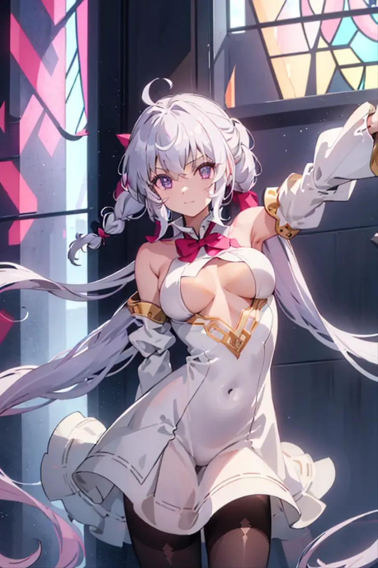 ((masterpiece)), ((Best quality)), (high resolution), (illustration), (an extremely delicate and beautiful), (ultra detailed beautiful face and eyes), nsfw, 1girl, leaning forward, YukineChris, long hair, purple eyes, twintails, low twintails, ahoge, large breasts, fishnet pantyhose, red a bow tie, volumetric lightning, detailed skin texture, detailed, volumetric shadow, anime screencap,Highest quality, Sorceress, ancient babylonian nobility, ((tan skin:1.2)), (brown skin color),Long hair, twin braids, hair ornament, wine colored hair, smile, Below average size breasts, bare shoulders, (underboob:0 Raise your legs vertically、Ready your gun?、Stretching arms forward to accentuate cleavage 8K, masterpiece, Best_quality, high_resolution, ultra_details, detailed, 1girl, 独奏, looking_at_viewer, upper_body, indoors, braid, blurry, bangs, white_hair, blurry_background, collared_shirt, church, hair_ribbon, hair_between_eyes, stained_Glass,sidelocks, depth_of_field, light_particles, window, french_braid, Alphonse Mucha Style, sharp focus, perfect hands, perfect face, perfect eyes, perfect light, dynamic light, natural light, Masterpiece, Best quality, red dress