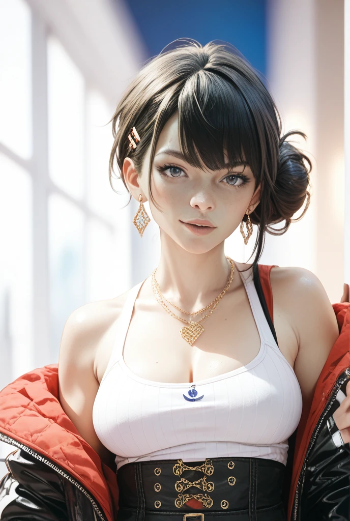 (masterpiece), best quality, expressive eyes, perfect face, thick eyebrows, medium breasts, blue sapphire short hair with side hairbangs reaching the collarbone, hairbangs covering forehead, red ruby eye color), looking at viewer, crop oversized white with pink lines on the side arms bomber jacket, black tanktop with exposed cleavage, tight white leather pants and white sneakers, backlighting, cinematic angle, cinematic lighting, masterpiece, best quality,