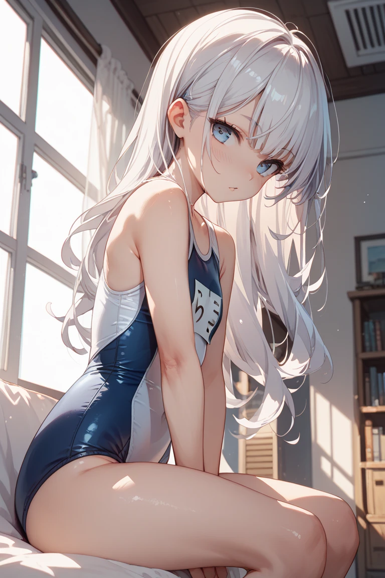 ((masterpiece,Highest quality)), Confused,
alone, 1 Girl, Looking at the audience, smile, RO500, Long Hair, Hair Flowers, Sunburn, Seraphim, Dark Skin,School Swimsuit