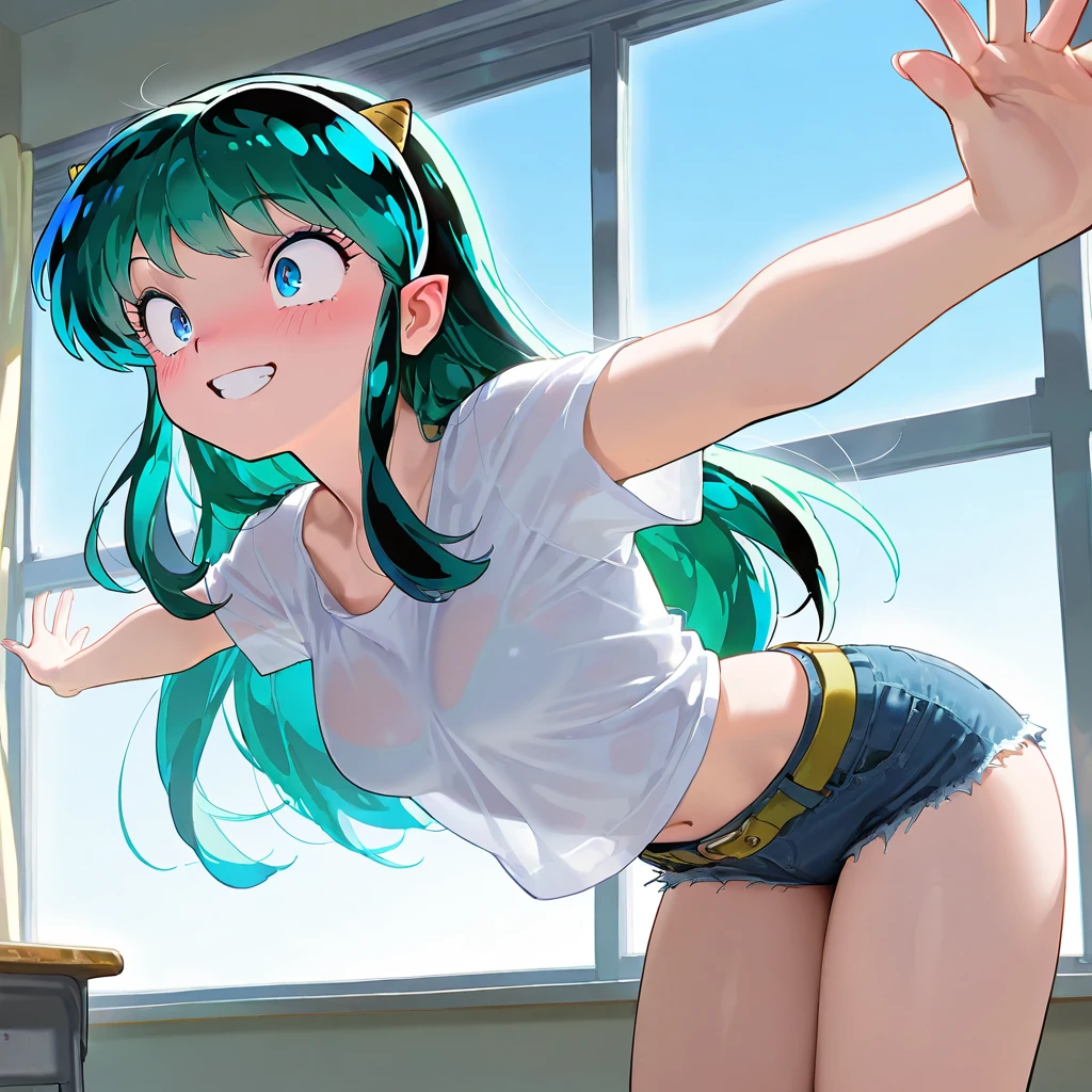 lum invader, detailed, anime, (cheerleader: 1.2), masterpiece, best quality, open mouth, fang, ultra-detailed, yellow eyes, Pretty eyes, Detailed face, Pretty girl, Big chest, Blushing, (Wet: 1.2), breasts, areola slip, (missionary position:1.5), (nipple: 1.2), (in a ward full of men: 1.2), (heart shaped pupils: 1.5)