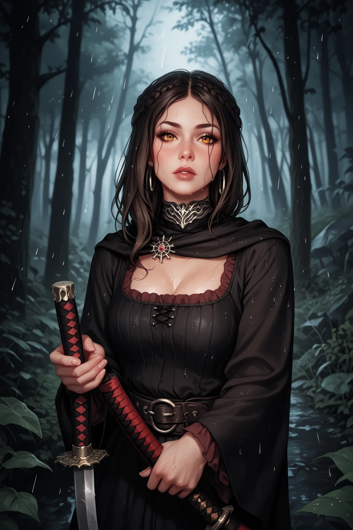 {{portrait, dutch angle}} {{Artist: moshimoshibe}} 1girl, solo, toned female, mature female, medium breasts, black hair, braided hair, long hair, golden eyes, lips, black armour with, black cape, angry, outdoors, swamp, ruins, looking at viewer, standing, holding sword, fog, medieval fantasy, scar, cigarette, smoking, day, blood on face