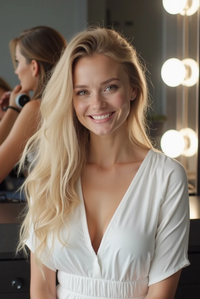 blond woman with long hair smiling in front of a tv, a picture by John Luke, tumblr, process art, radiant smile. ultra wide shot, blonde goddess, perfect white haired girl, hyperrealistic teen, she is smiling, pretty smile, a gorgeous blonde, she is smiling and excited, cute seductive smile, anya_taylor-joy, slight cute smile