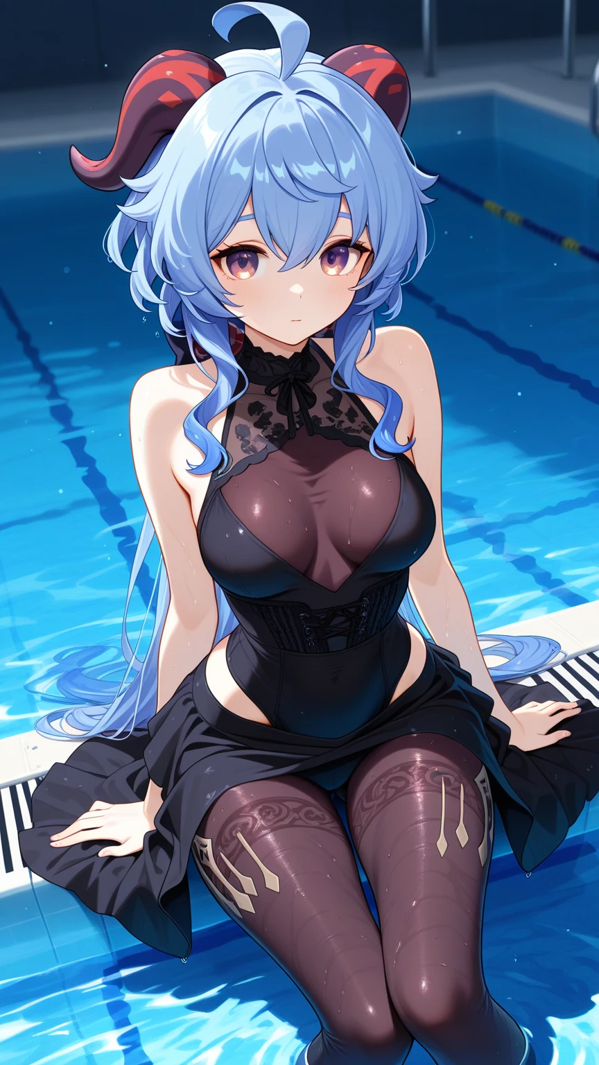 (highest quality, 8K, 32K, masterpiece, UHD: 1.3), 1 female, (Oversized: 1.3), perfect figure,, (attractive), (Sheer skin)) 、((((Transparent see-through dress))))、see-through dresses、lace sheer dress、Transparent dress、Sheer skin、Transparent dressを着た美しい裸の女性、solo、best style、big breasts、The most beautiful in the world、unparalleled beauty、long hair、 ((blue bathhouse)),、Blue lighting. concept art stunning atmosphere, blue atmosphere, beautiful concept art, dark majestic gorgeous pool、(blue water辺、blue water)、blue stone、blue stone、blue reflection、Cyan color、get wet in blue water、Blue light、blue flower、Blue roses、Blue World、Expressive、sexy pose、sexy design、nipple