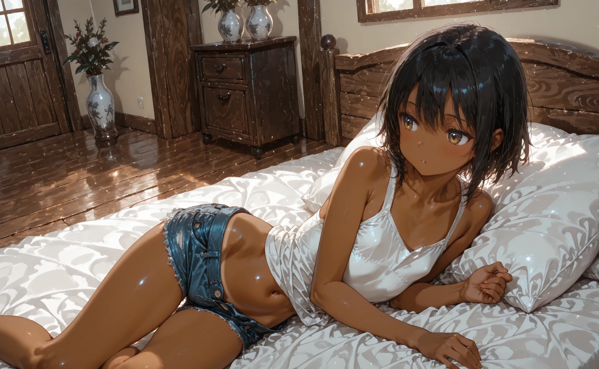 pixel-Hinata, 1girl, from behind, obra-prima, fotorrealista, realista, (Foto RAW, 8k UHD, grain of film), Caustic, espalhamento subsuperficial, dynamic shot, corpo inteiro, pernas grossas, Leaning over the bed, pernas abertas, mostrar virilha, dentro de casa, despenteado, maquiagem, expression of pleasure, olhos penetrantes, deitado, de cima, arms spread open, Ambas as coxas grossas, lascivas, cama, desgrenhada, heavy breathing, sexual expression