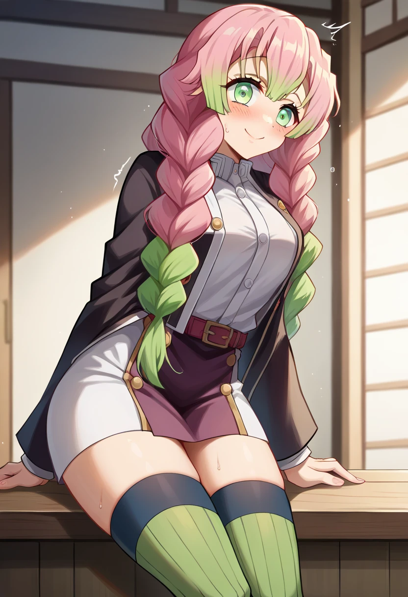 Kneeling,Mitsuru kantoji , Mitsuami, Gradient Hair, (Green Eyes:1.5), Green Hair, Long Hair, Mole, Mole under eye, Colorful Hair, Pink Hair, Twins Three Braids, Two-tone hair,
break belt, black skirt, Cleavage, Chef's coat, demon slayer uniform, Haori, kimono, Long sleeve, miniskirt, Partially unbuttoned, pleated skirt, skirt, uniform,green thighhighs,
break looking at viewer,
break indoors,
break (masterpiece:1.2), highest quality, High resolution, unity 8k wallpaper, (shape:0.8), (Beautiful and detailed:1.6), Highly detailed face, Perfect lighting, Highly detailed CG, (Perfect hands, Perfect Anatomy),(((pink lace panties))),