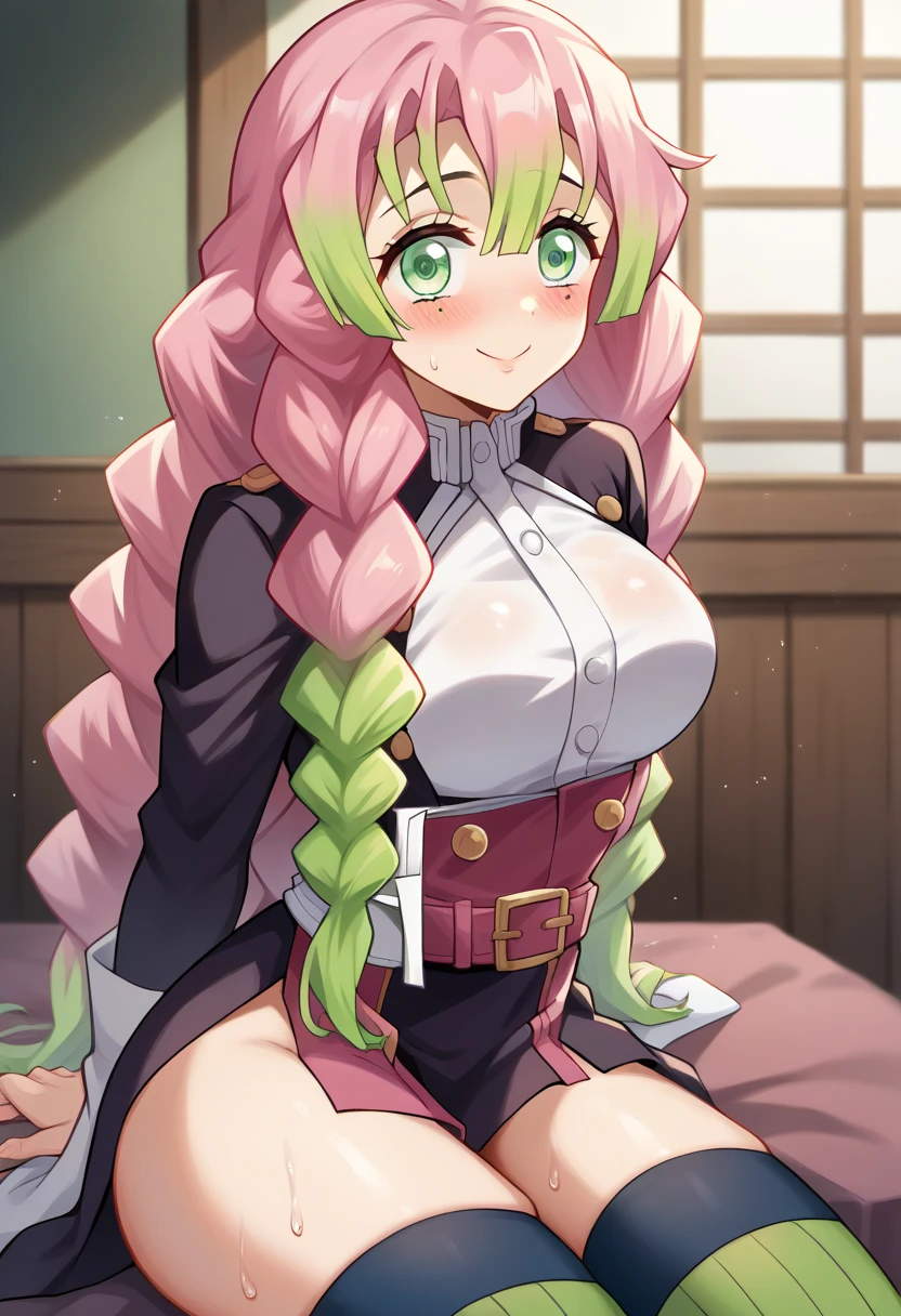 score_9, score_8_superior, score_7_superior, sauce_anime, Aamitsuri, Long Hair, Braiding, Multicolored Hair, Green Eyes, Mole under the eye, Large Breasts,  (full body), Black Rope, (Body tied up with rope),Hands behind the back, (Exposed breasts), Big Breasts, Excited, Heart Eyes, View your viewers, superiorから撮影, breast focus, 