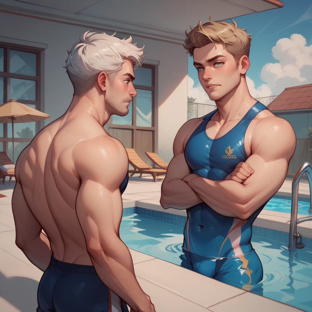 2 males, black hair /(male 1/), orange hair /(male2/), blue eyes /(male1/), brown eyes /(male2/),  swimsuit, Men's boomerang-type swimsuit that looks like a string, ((Main glossy black with yellow lightning bolt mark as an accent color,)) happy, left side /(male1/), right side /(male2/), staring at eachother, smile, loving face, heart, outdoor pool, detailed background, Energetic swimming boys practicing,