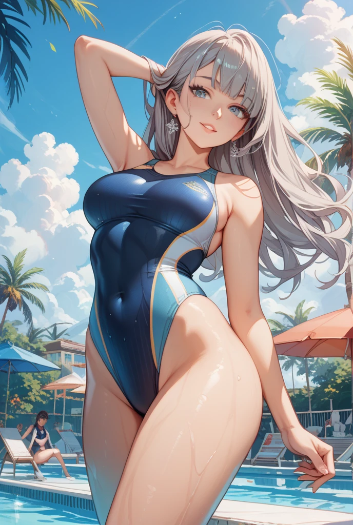 masterpiece,best quality,best resolusion,1 girl, ,shiroko character,detailed,conjoined twins,has two wolf ears on top of the head, has a round blue circle of light,short silver hair,blue hair ornament,blue eyes,wearing a tight dark blue women's swimsuit,normal breasts,beach background,beautiful face,beautiful eyes,beautiful body,beautiful hand,beautiful hair, (running:1.4), (jogging:1.4), (wide hips:1.8), (thick thighs:1.8), (extremely muscular:1.9)