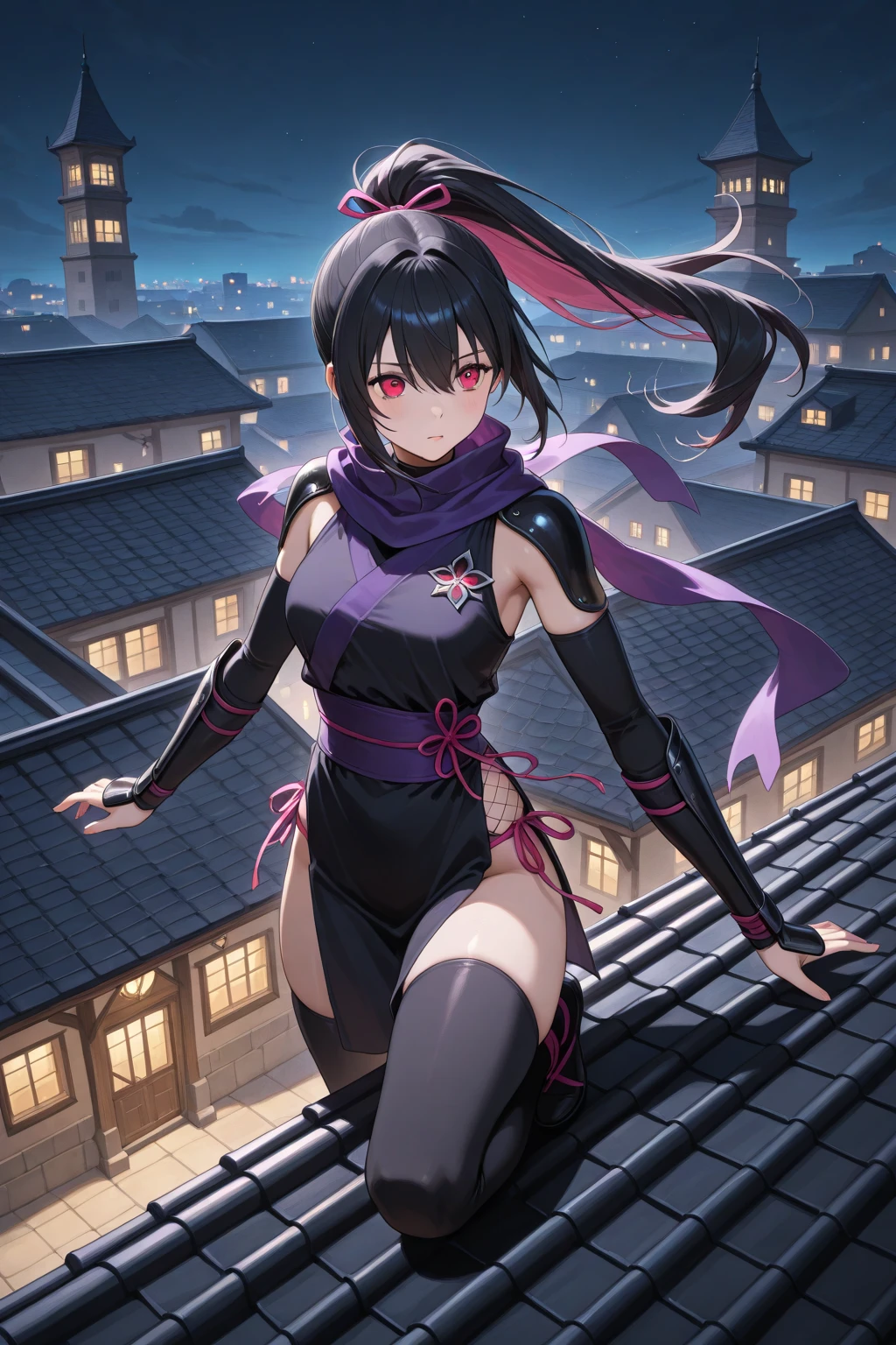 1girl, solo, black hair, long hair, hime cut, yellow eyes, robot joints, joints, mechanical arms, scarf, alternate costume, japanese clothes, bare shoulders, thighhighs, mechanical legss, elbow blade, jumping, outdoors, japanese castle, rooftop, moon, night sky <lora:Kato_Danzo:1>, score_9, score_8_up, score_7_up, score_6_up, score_5_up, score_4_up, BREAK source_anime, masterpiece