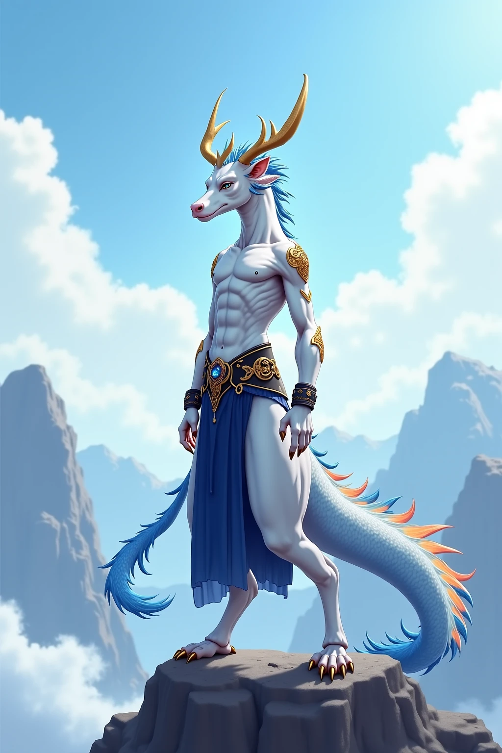(Ying Dragon God), (Through the Clouds), (Top of the Mountains), (Complex), (Super Detail), (Starry Sky Background), (Stout Limbs), (Moon Night), (Ultra Clear), (Best Quality)