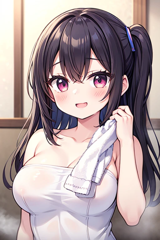 alone, One girl, Yunyun、blush 、View your viewers, Crown braids of the same color as your hair, Red Eyes、hair ornaments, Hair Ribbon, (White and pink bikini)、Taking a shower、Wet、(Embarrassed face 1.7)