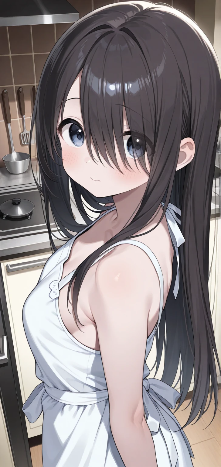 A girl，Long hair, bangs, Black hair, Hair between the eyes, (Red Eyes:1.5),  (Medium breasts:1.2), 
rest clavicle, White shirt, Pleated Skirt, mini skirt, bracelet, White skirt,cleveage，??????，NUDE，
rest looking at viewer, whole body,
rest indoors, kitchen，
rest (masterpiece:1.2), best quality, high resolution, Unity 8K wallpaper, (illustration:0.8), (Beautiful and delicate eyes:1.6), Extremely detailed face, Perfect lighting, Extremely detailed CG, (Perfect hands, Perfect anatomical structure),