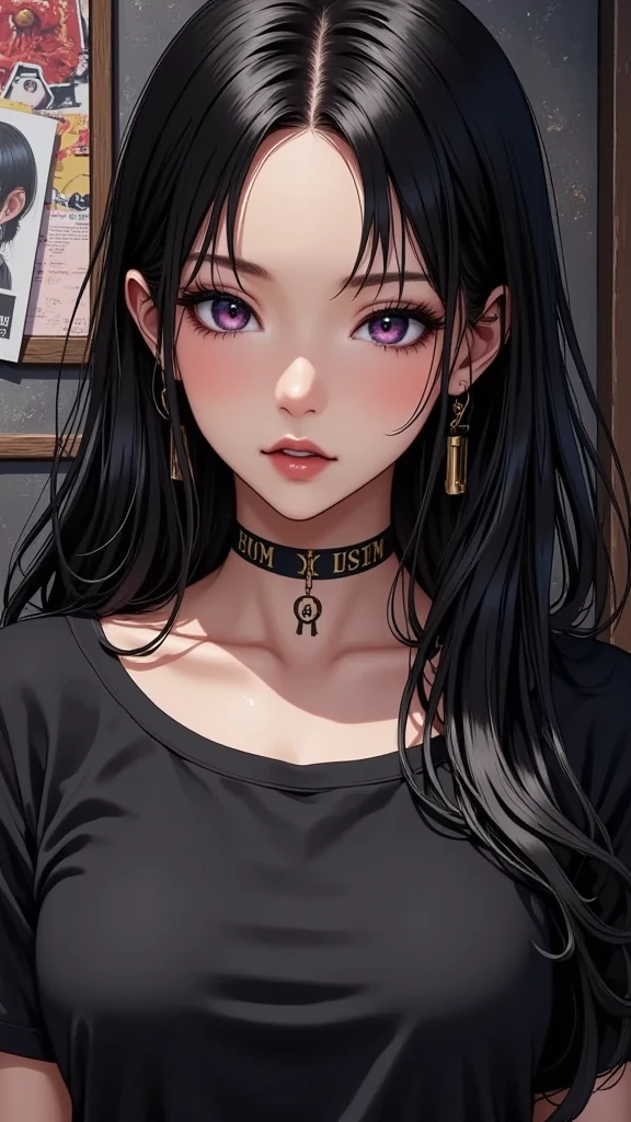  (masterpiece,  computer, mejor quality,  Clear focus, shadow, Anime style, ultra high resolution, 8K, perfect anatomy, perfect face, (detailed face), (  Detailed eye  ), score_9, score_8_above, score_7_above, score_6_above, score_5_above, score_4_above,  source _animated, Label 1, Label2, quality_masterpiece, Anatomically Correct, beautiful face, perfect face, Beautiful and highly detailed face and eyes, Attractive face, detailed face, delicate facial features, detailed skin, huge breasts, breast size cup D or DD, wide hips, gigantic butt, thick thighs. looking at the spectator. anime-style illustration of a beautiful woman with an elegant and sensual look. An attractive and voluptuous young anime woman and marked curves of a sensual and powerful style, with alternative aesthetics. She has long hair, straight and black, fair skin and eyes outlined with dramatic makeup. She wears dark-framed glasses and a ring on her nasal septum (piercing septum). Her lips are painted a dark red shade and she has expanders in her ears. She wears a black t-shirt and shows a tattoo on her chest, just below the neck, With Roman numerals. The background includes dark posters and a decoration with a metal or horror theme. 