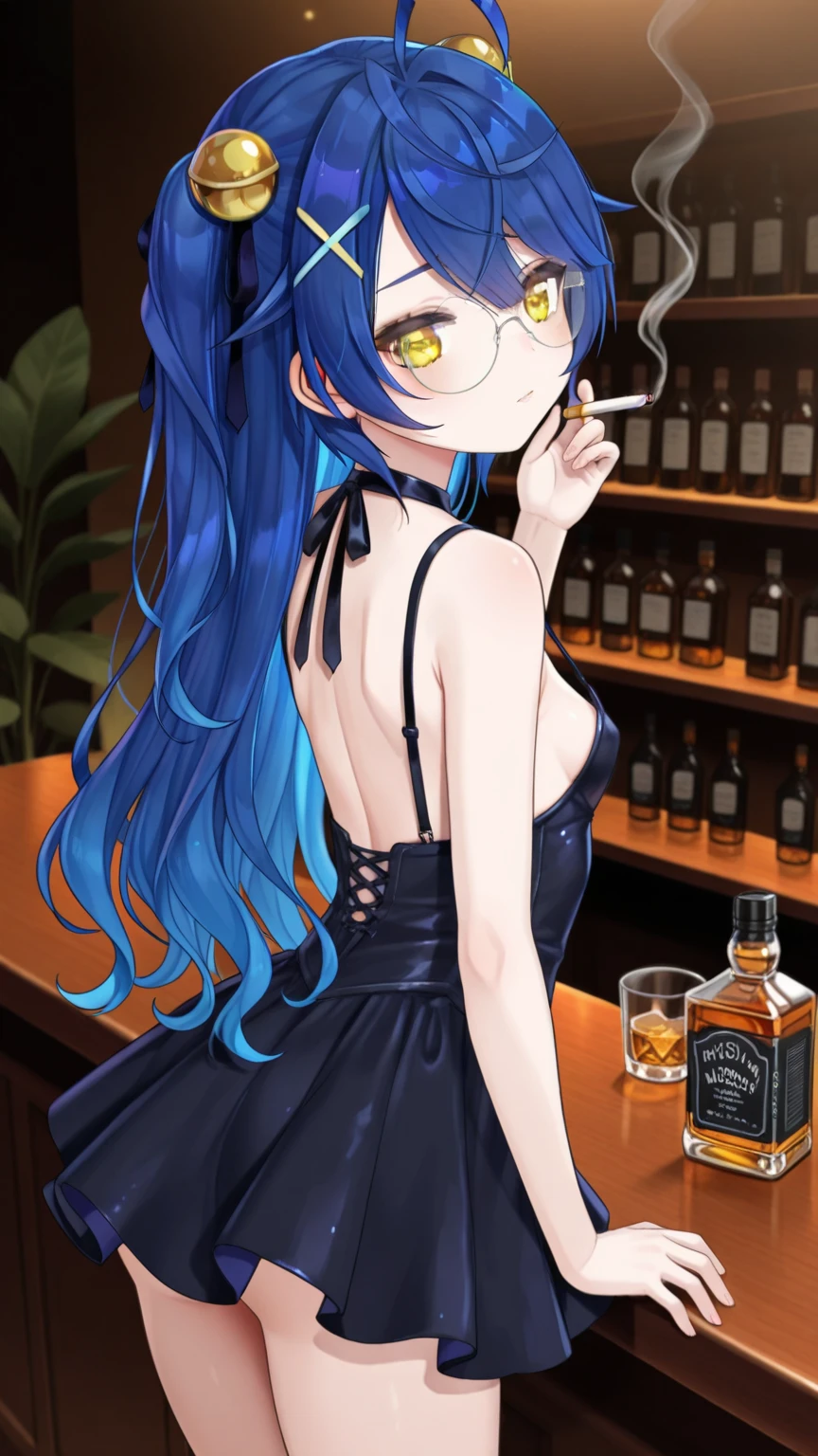 masterpiece), (best quality), (Clear focus), (Depth of Field), (woman): Solitary, (Perfect face), (Detailed clothing), (Busty),(Sad expression), beautiful woman, blue eyes, whole body, black hair, Slightly curly long hair, (Black sexy dress,Penetrate the flesh) (((((Night scene background))))), (((at the bar))), wine, whiskey, High ball,(Shiny and glowing, Effect:1.2),(best quality, 4K, high resolution, masterpiece:1.2, Extremely detailed),Large Breasts,30 years old girl,独奏,black hair,long hair,blue eyes,(drunk,blush),sitting,drinking,((Mature sexy body)),Black stockings,Black tight skirt, Mature sexy body,holding mug,counter,pub,(Fashion bar) indoors, ((Cocktail Glass) Full of colorful wine), (dimly light room), Wine Bottle, Detailed background