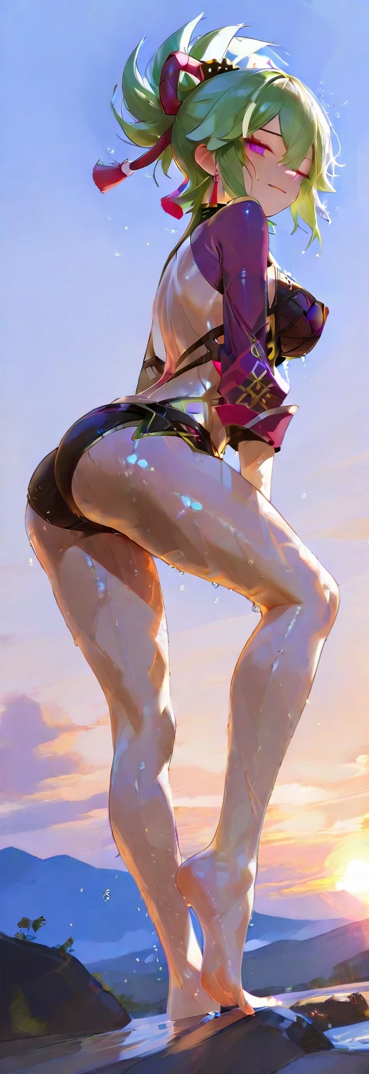 (((Uma Musume))), (((hishi amazon))), ((((Older sister))), (((Best Quality))), (((masutepiece))), Muscular 25 year old african woman,Red pupil,Jet black hair、Bouncing from side to side、Middle bangs、glareing, maikurobikini,Black swimsuit, Full body like, perfect and proportional body, Swimsuit, Black swimsuit with less area, shaved hair,,nursing,Pichi Pichi swimsuit, large udder, to stand、very hot, M-shaped legs、full body Esbian、She sweats、Black skin glows under the scorching African sun,The background is the coastline