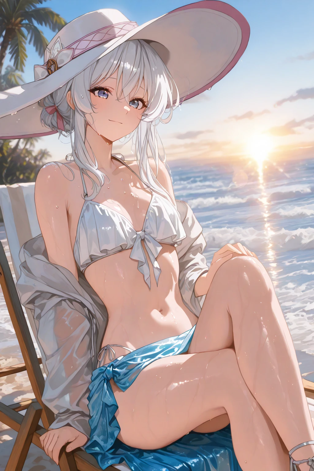 full body,dynamic angle,((both arms down)),(White elegant summer blouse,White elegant one piece swimsuit),((1girl,cute,young,semi long beautiful silver green hair,blunt bangs,beautiful eyes)),(solo),((masterpiece, highest resolution,best quality)), (beautiful illustration),(looking at the viewer), innocent smile,cinematic lighting,beautiful emerald green beach, white sand,waves,clouds,blue sky