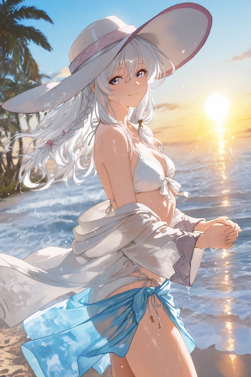 (Cute girl: 1.45), ultra-fine illustration, blue sky, shooting star, full body, looking at the sky, silver hair, blue eyes, white dress
brown blanket covering the entire ??????????, barefoot, windy,
summer, dry earth, gravel, beautiful sky, thin outline, light reflection, brown fabric