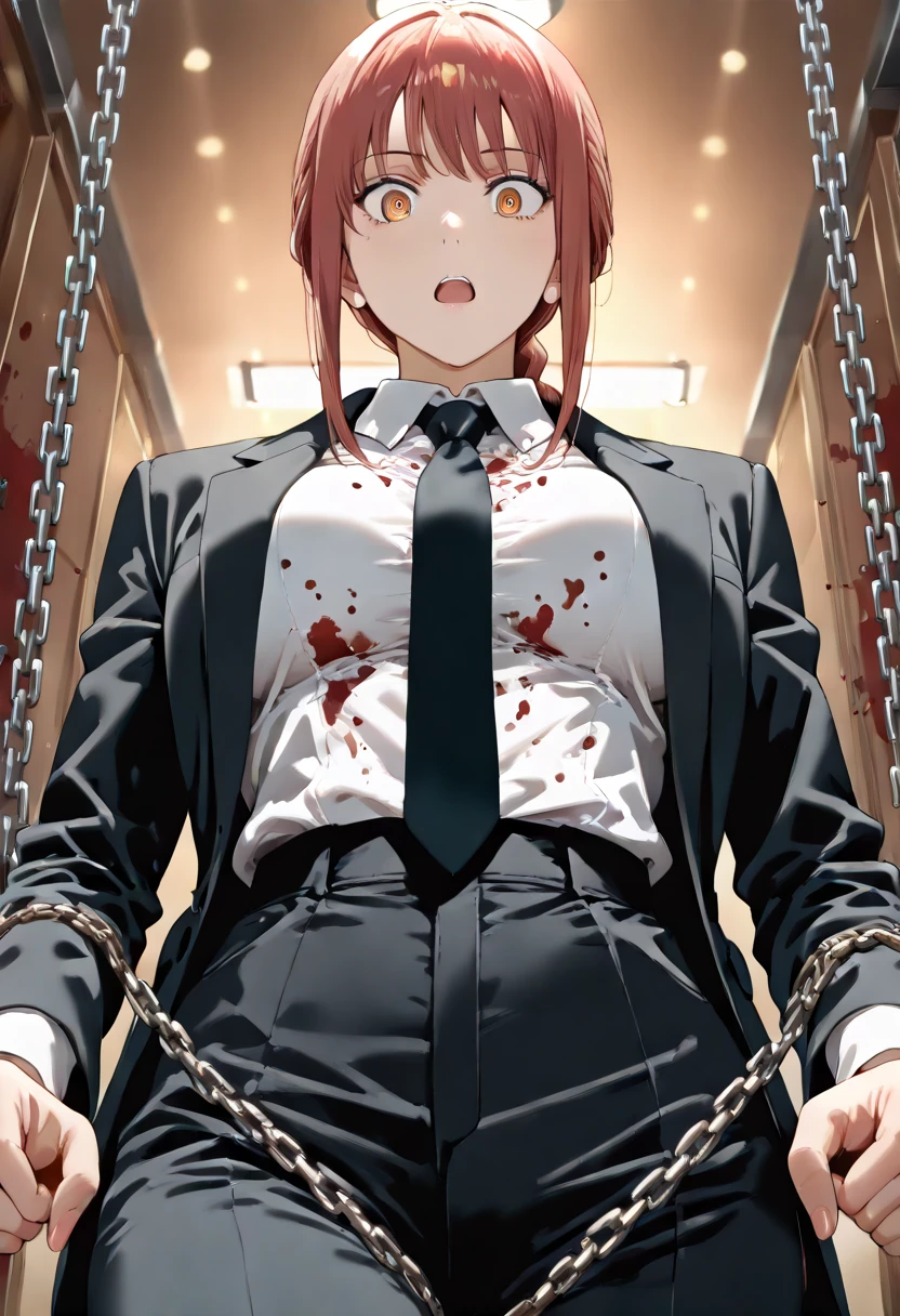 masterpiece, best quality, 1girl, beautiful, slim, long hair, red hair, beautiful woman, mature woman, royal queen, sitting, rope, shibari, bondage, suspension, spread legs, chains, hands bound behind her back by thick ropes, bound by many ropes, white shirt, long sleeves shirt, collared shirt, black necktie, bangs, huge breasts, breasts covered in shirt, arms bound behind her back, perfectly drawn feet, perfectly drawn toes, perfectly drawn hands, perfectly drawn fingers, both hands tied behind her back, both arms tied behind her back, perfectly drawn eyes, makima \(chainsaw man\), long sleeves shirt, long braided hair, golden eyes, glowing eyes, crying expression, crying, tear, high definition, thick chains, many chains, old warehouse, broken, dirty, night, dark, helpless, feeling hopeless, (blood in her nose), (blood on her face), ((blood on her lips, blood in her nose, blood on face)), ((blood in mouth)), (open mouth),  (left eye closed), ((non-nude)), office lady unifrom, (long black trousers), ((non-nsfw)), (full legs covered in long black trousers), (blood on shirt), looking at the camera, (revealing cleavage),