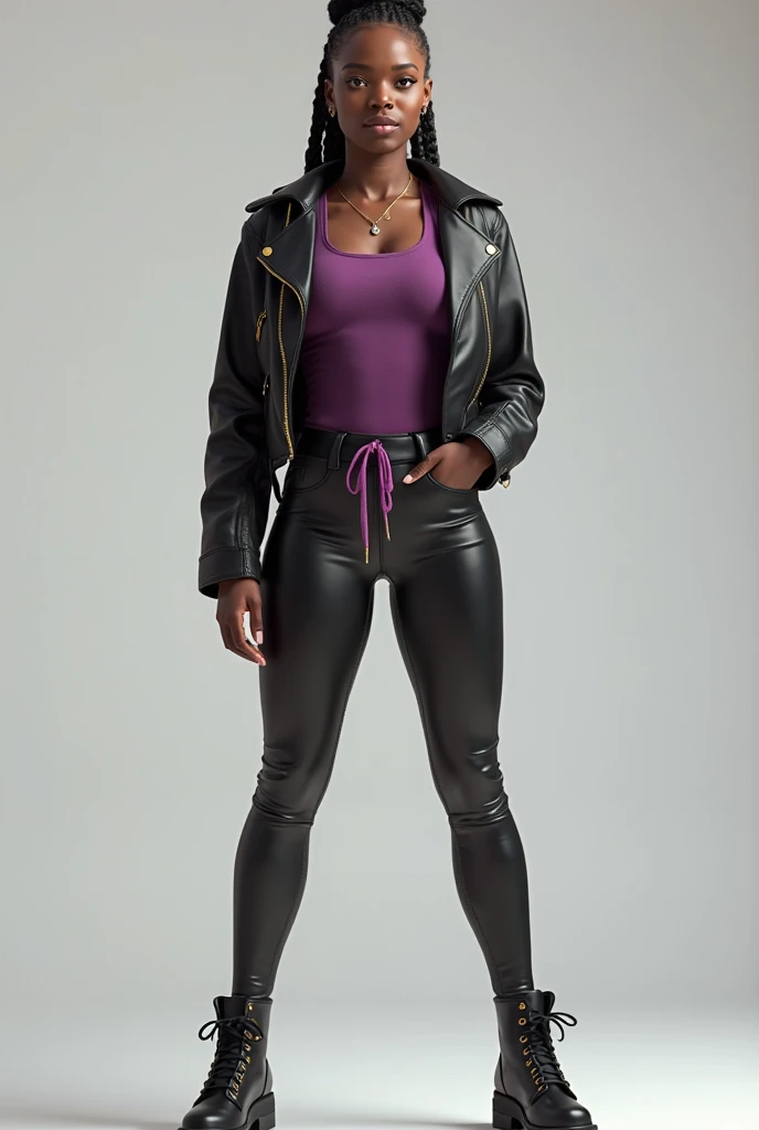 MASSIVE BUTTOCKS, translucent plum plastic leggings, UHD, library sidewalk, She's a dark skin melanin Goddess, with waist of infinite smallness, puffy sleeves, muscular abs, pixie cut 