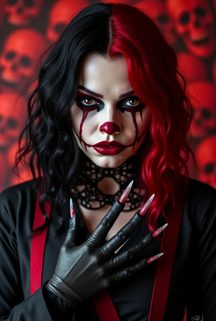 killer woman with clown makeup, with long black hair, with blood on her face, with psycho expression, in HP Lovecraft style --auto