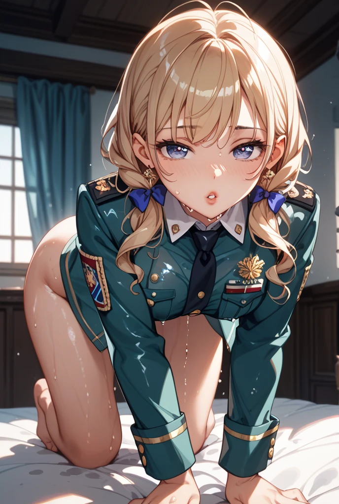 (girl having sex), ((boy put his ????? into girl's vagina)), girl moaning, girl cumming out, girl drooling, can see girl's bare breasts, girl show nipples, ((dynamic ???)), rough ???, open legs, There's cum dripping from her pussy and body, ??? drip, no underwear, no bra, no panties, (Black dark eyeshadow, red lips, eye shadow, Heavy makeup, large breasts), seductive face, full blush, clear blush, (highres:1.2), ultra detailed, detailed face, detailed eyes, ((masterpiece)),(best quality),((very detailed)), ((cinematic lighting)), (dynamic angle), detailed lighting, (beautiful and delicate eyes), sweaty body, Mature and excited body, vibrant, Delicate and j fingers, Detailed beautiful legs, windy, belly, lifted skirts, looking at viewer, Super Detail, Ultra-realistic body, Shiny skin, Glossy detailed hair texture, (Black dark eyeshadow、Heavy makeup, mature female), black pantyhose, stockings, earrings, white gloves, pencil skirt, thigh strap, underbust, harnes, black belt, ((wavy twintail, blonde hair, green eyes)), ((military girl)), ((in the amusement park, girls frontline, green military uniform, helmet))