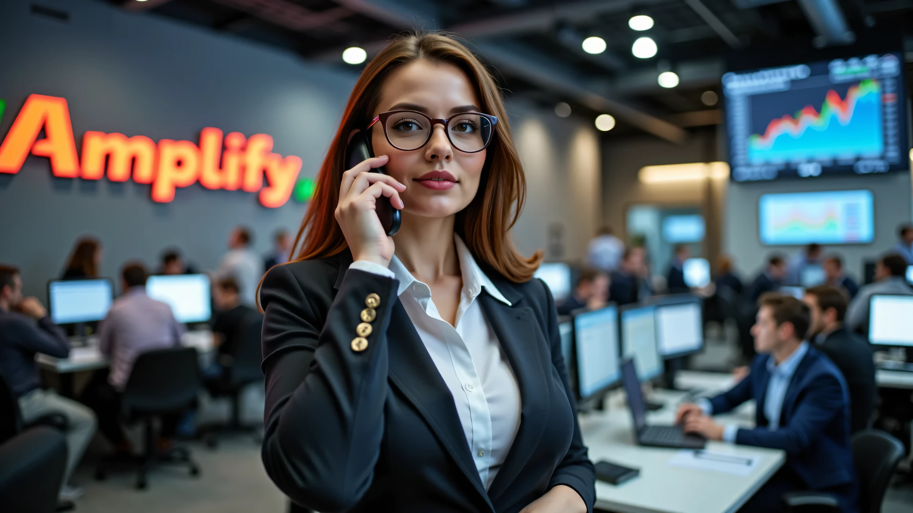 busty, aerial view, Setting is an busy stock broker trading floor with a lot of businessmen standing and trading stocks, a large company logo on the wall and text “Amplify ApS”, the Amplify logo stands out clearly in the picture, a busty young businesswoman is making a phone call, intellectual look with glasses, the monitor shows a rising pricecurve for the Amplify company stocks, she is dressed in a business suit with reading glasses on her nose, the silhuette of her voluptuous breasts is visible under the shirt she wears under the jacket, pointy pokies, room around her is filled with smart businessmen, she has a slim body with very big heavy breasts, slick hairstyle, full and very red lips, looking over the top of her glasses at the stock monitors, there is a hectic and stressful atmosphere at the tradingfloor