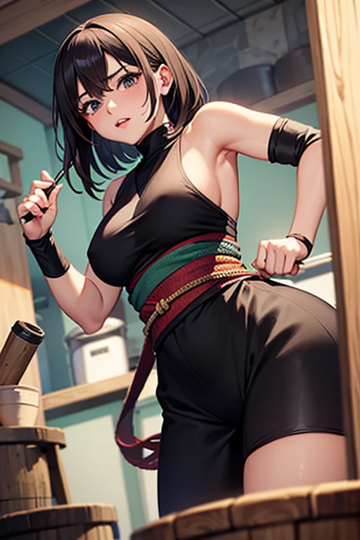 Ultra-detailed,  toph beifong,  adult  , green jacket open , white sport bra , black sexy micro dolphin shorts  , medium breasts  voluptuous body , gym  standing. Smug face sarcastic   ,blush,  sexy,,  sexy,bondage (Shibari,hands tied behind back:1.5), (Shibari:1.21),Tied up, legs tied