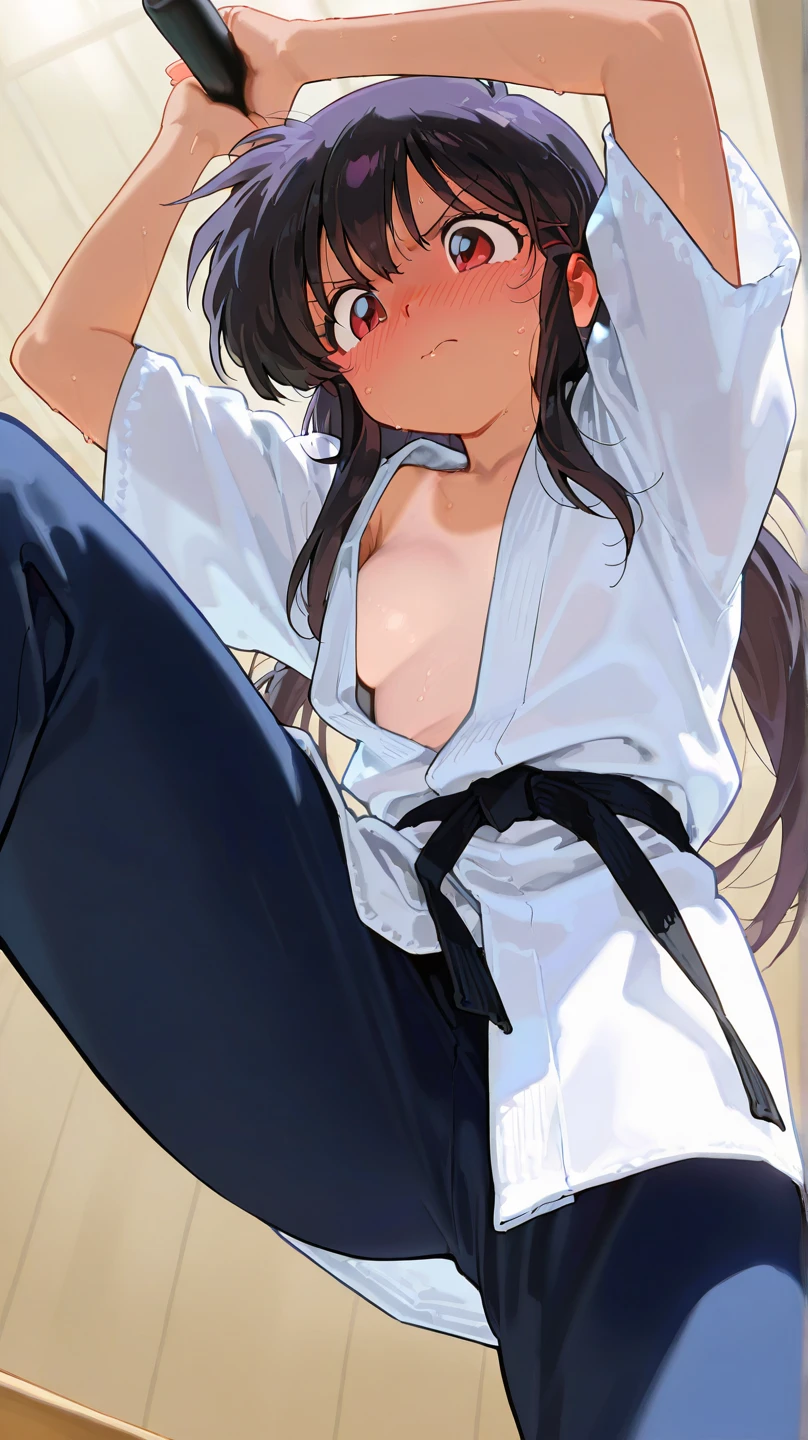 ((((masterpiece, best quality, high resolution)))), Extremely detailed 8K, 1 female, wearing a white Karate gi, (ahegao),white eyes, Small breasts,full body, kneeling, tired, (muscle:1.4), japanese clothes,  No underwear,No eyeballs, Facing the audience, looking at the audience, tired, from below, (Exposed armpit:1.1), ((armpit:1.2)), sexy, Sweating, More and more sweat,(ahegao), (Roll your eyes),  open mouth, Sticking out tongue, saliva, Slobber,Skinny, raise arms, (arms above head:1.5)(Ultra HD, Ultra-detailed, Highly detailed, Highly realistic, Ultra-realistic, photograph realistic), (1girl:1.5), (Realistic black hair), (dynamic poses), facing at camera, looking at viewer, (slightly serious face), (perky breasts:1.2), (beautiful detailed face, beautiful detailed eyes), ((worn out karate gi)), (preparing for a fight), sweat, glow, (sunbeam, sunlight), ((cowboy shot)), inside a training gym, seductive, EnvyBetterHands LoCon,