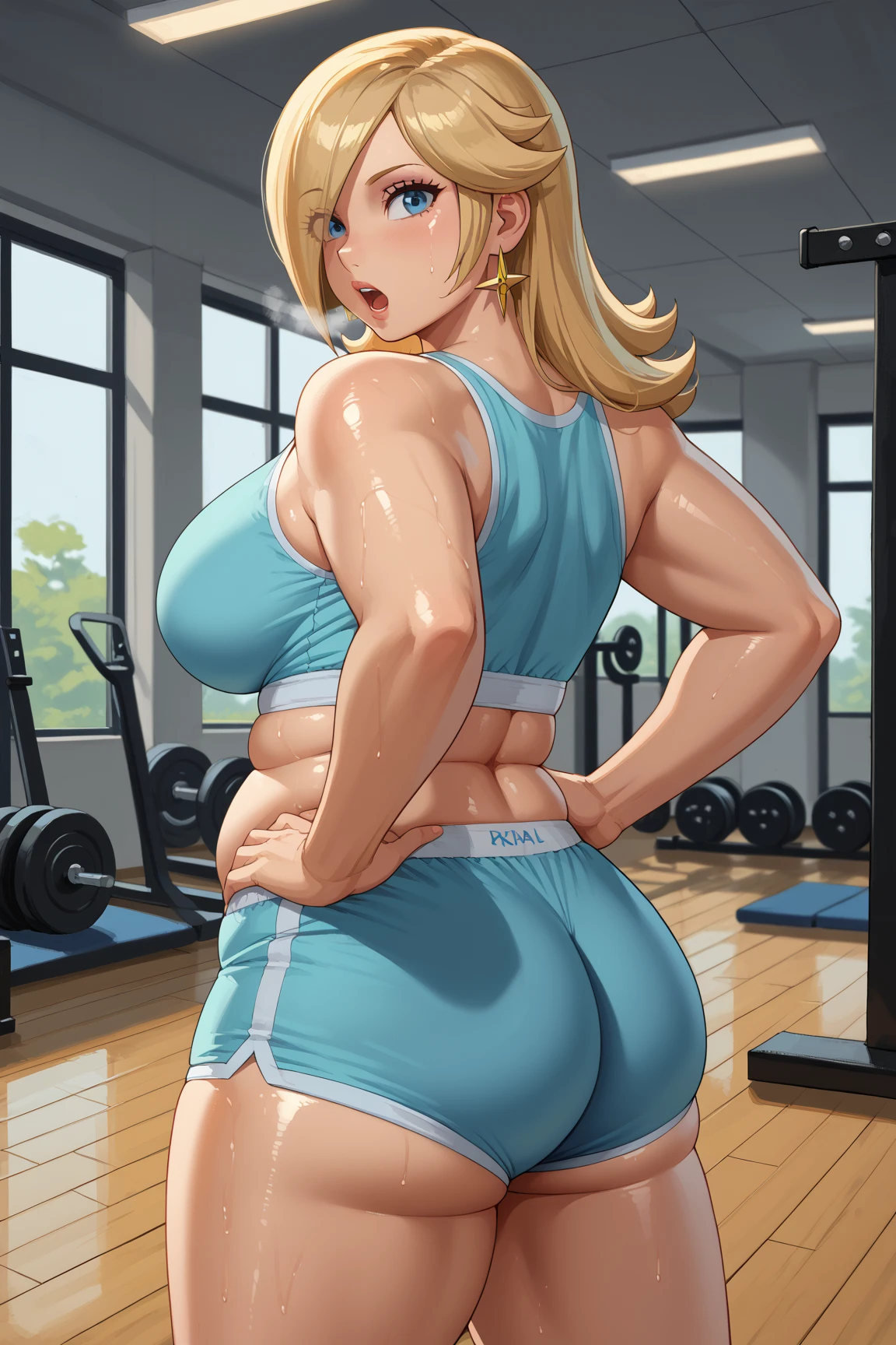 make yellowhaired ssbbw fat girl in too tight shorts she's drinking shake at the gym