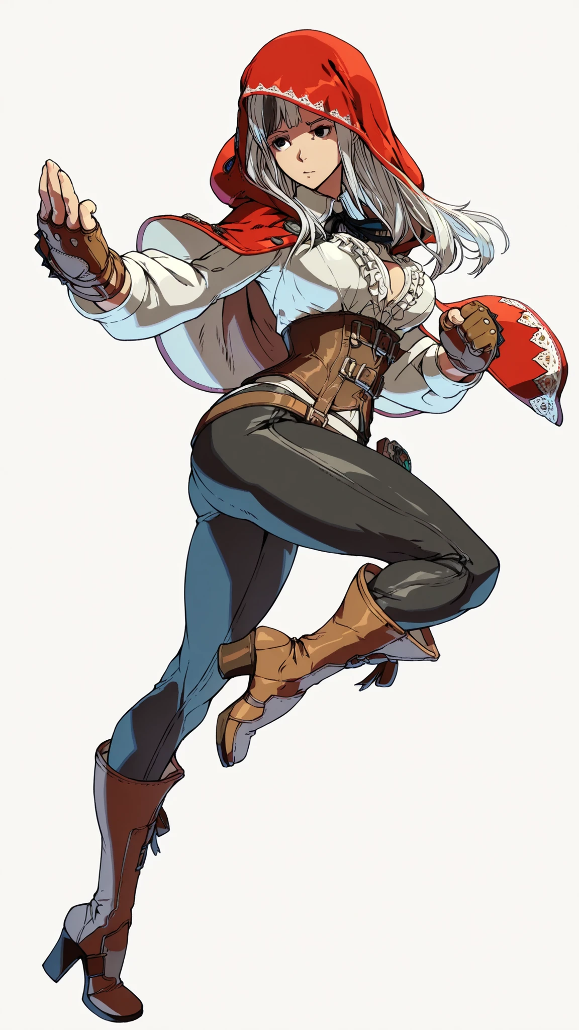 White background, high quality image, Fire Emblem Fates, Velouria, 1girl, medium breasts, lithe body, short, neutral, calm, black eyes, black and white hair, worlf girl, red hood, brown gloves, white blouse, leather corset, black slacks, brown heel boots, battle stance, Guilty Gear design