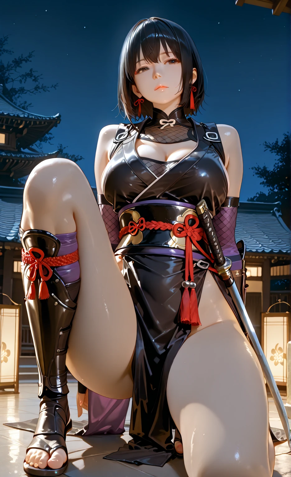 Beautiful Female ninja in short kimono and fishnet with sexy bare feet and toes exposed with boob cleavage showing in distress