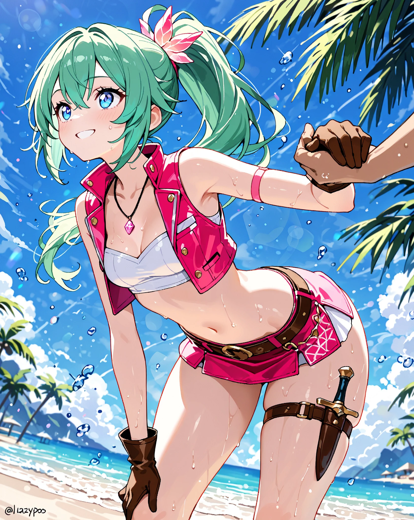Here’s a prompt for creating an image of a female version of Izuku Midoriya from My Hero Academia as a half-dog hybrid, wearing a bikini:
Prompt:
Visualize a female version of Izuku Midoriya from My Hero Academia transformed into a half-dog hybrid, wearing a stylish bikini. Her short, tousled green hair complements her canine features, with a few strands playfully falling across her face. Her large, expressive green eyes retain their characteristic determination and kindness, now with a hint of playful mischief befitting her new form.
She has the following hybrid features:
Dog Ears: Instead of human ears, she has large, pointed dog ears on top of her head, covered in soft green fur that matches her hair. The ears are alert and expressive, adding to her overall charm.
Tail: A fluffy, wagging tail extends from the base of her spine, covered in matching green fur. The tail is lively and playful, adding movement and energy to her pose.
Claws and Paws: Her hands and feet retain a human shape but have subtle paw-like features, such as soft pads and retractable claws, adding to her canine appearance without compromising her human agility.
She is dressed in a bikini with the following details:
Bikini Top: The bikini top is a simple yet stylish design, in a vibrant green color that echoes her signature look. The top is accented with subtle patterns or stripes, adding a bit of flair without being overly complicated. It fits her perfectly, complementing her athletic figure and hybrid form.
Bikini Bottom: The bikini bottom matches the top, featuring the same vibrant green color and design elements. It’s designed for comfort and movement, allowing her to stay active and playful while showcasing her hybrid form.
Accessories: To complete the look, she might wear a cute, matching collar with a small tag or charm, adding a playful touch to her canine persona. The collar is subtle and stylish, blending seamlessly with her overall look.